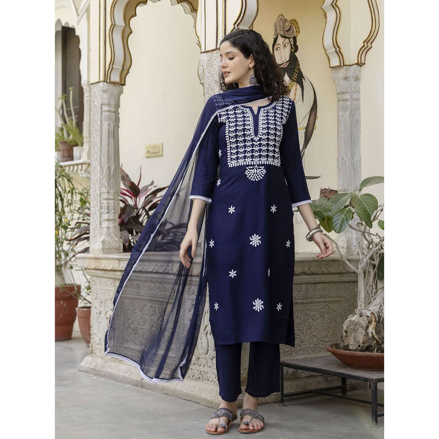 Navlik Women's Rayon Embroidered Straight Kurta with Rayon Pant and Nazneen Laced Dupatta Sets (NK- 702)