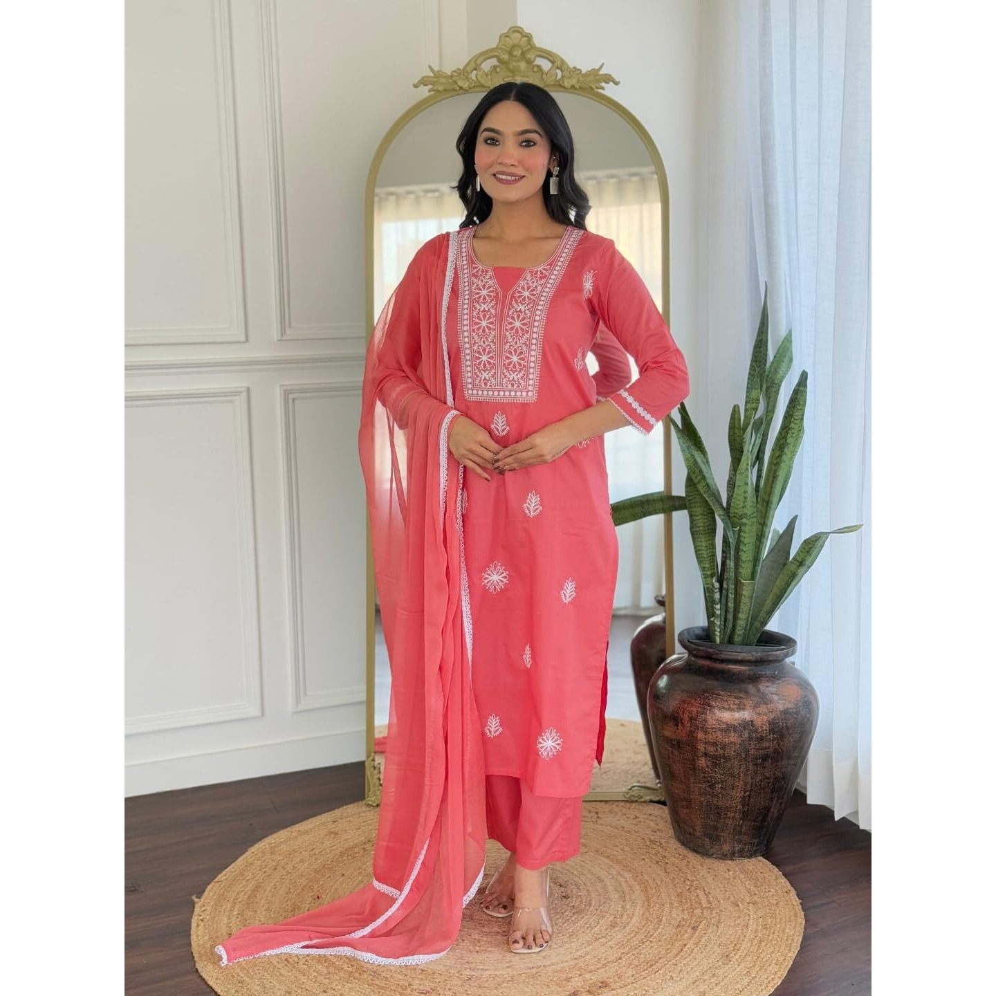 Navlik Women's Cotton Embroidered Straight Kurta with Pant And Dupatta Sets (NK-703)