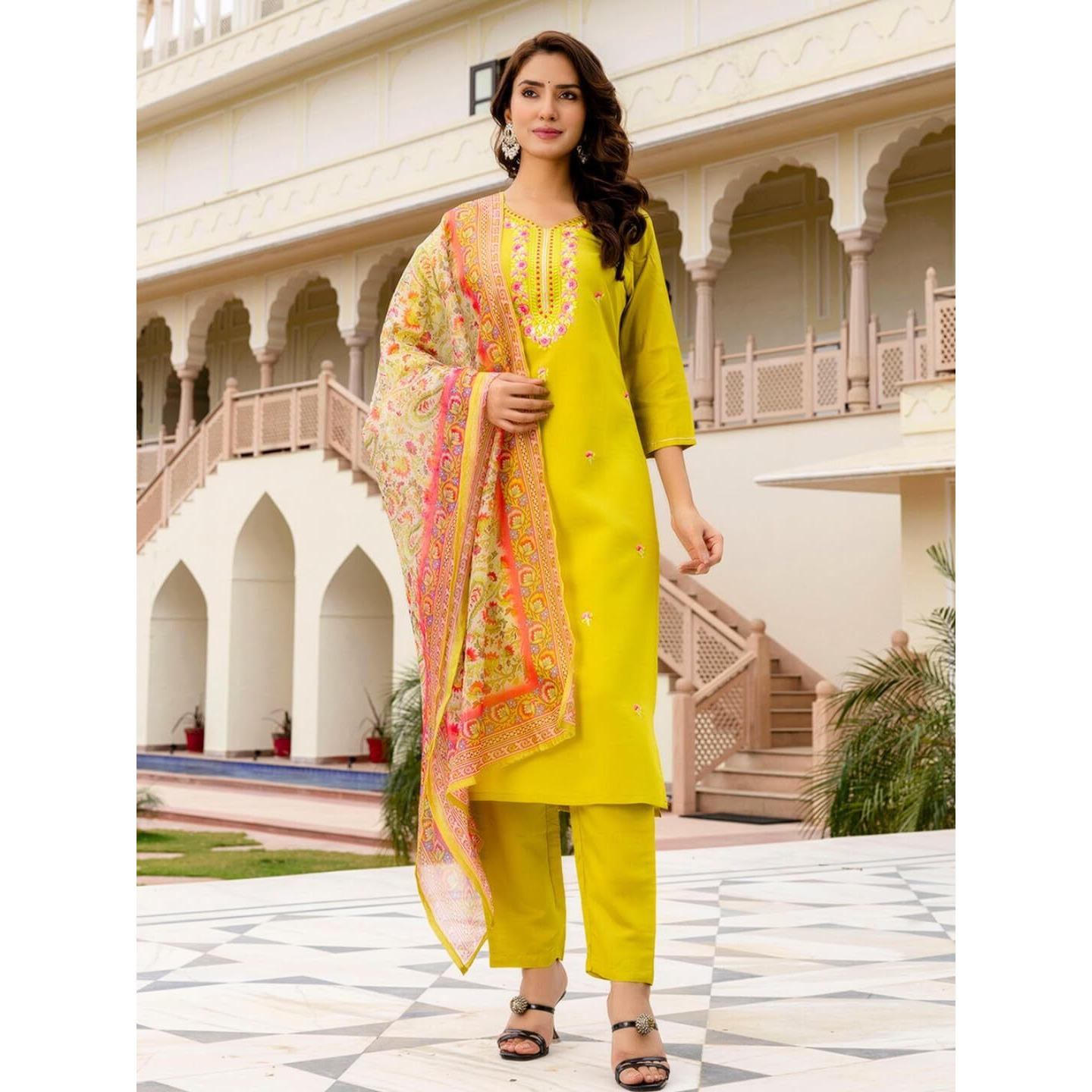 Navlik Women's Rayon Embroidered Straight Kurta with Pant and Dupatta Sets (NK-704)