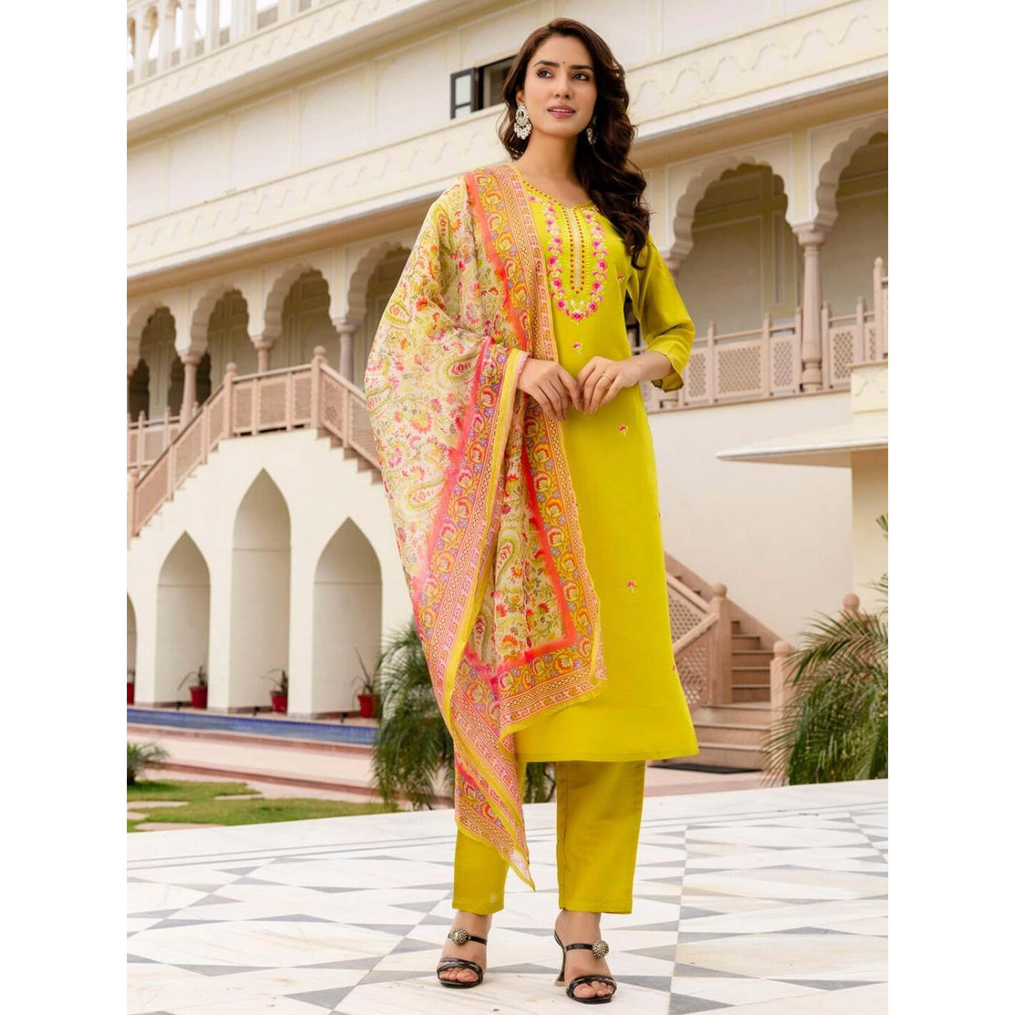 Navlik Women's Rayon Embroidered Straight Kurta with Pant and Dupatta Sets (NK-704)