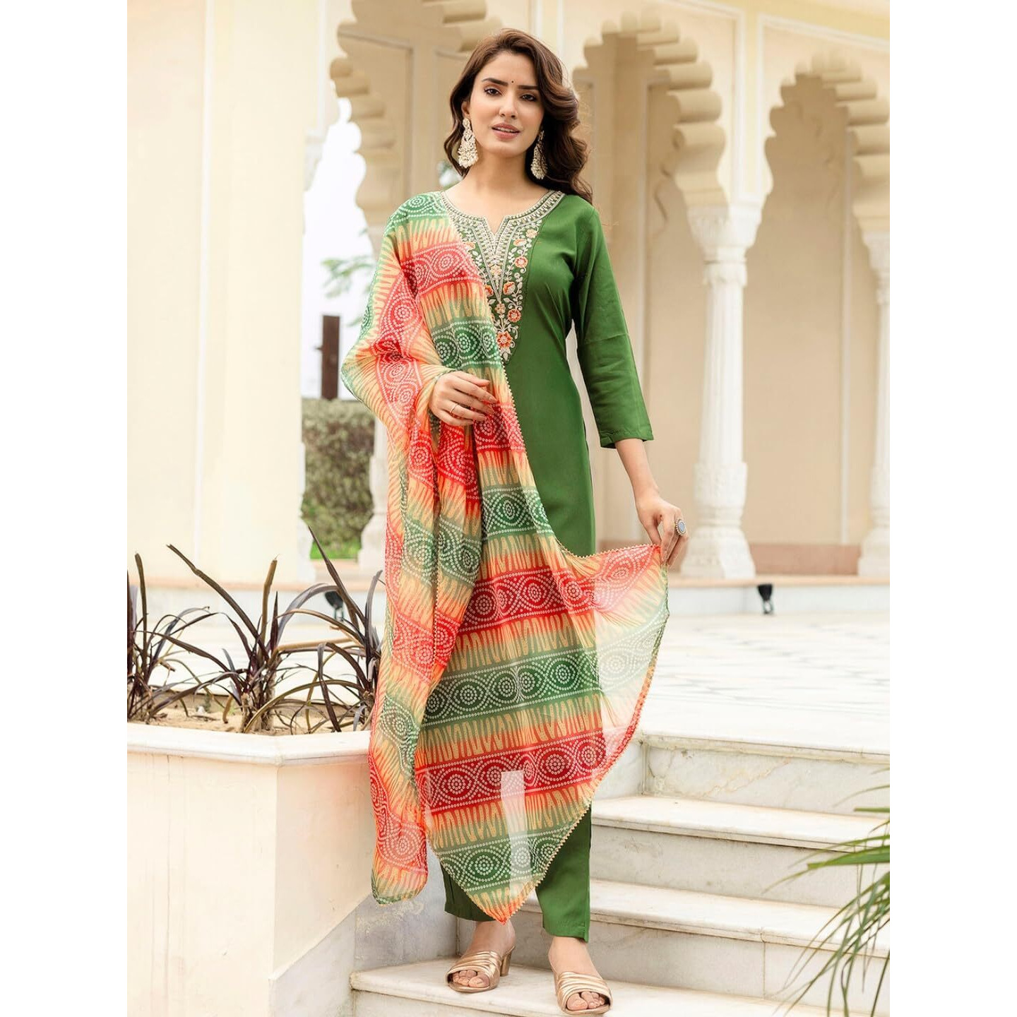 Navlik Women's Rayon Embroidered Straight Kurta with Pant and Dupatta Sets (NK-705)