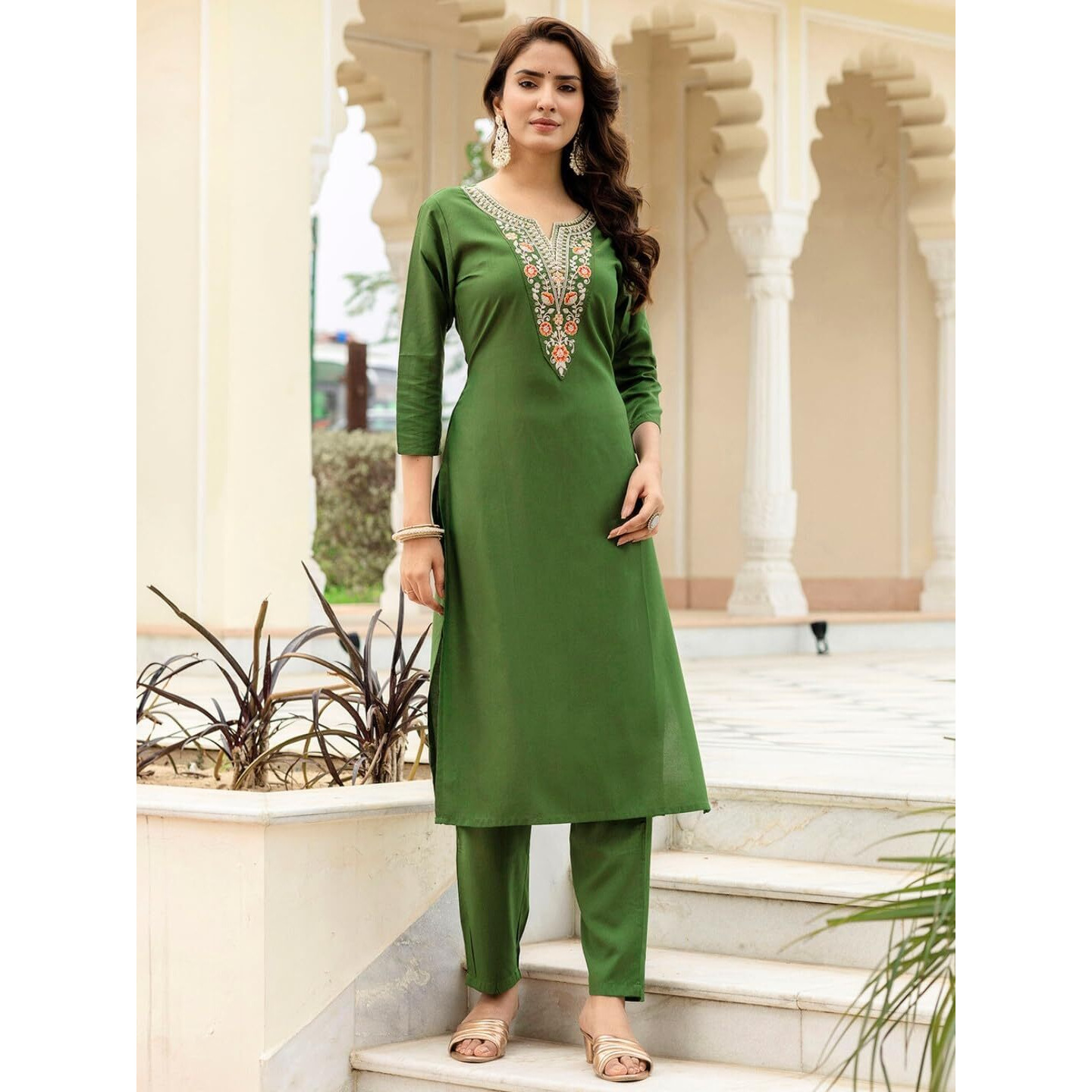 Navlik Women's Rayon Embroidered Straight Kurta with Pant and Dupatta Sets (NK-705)