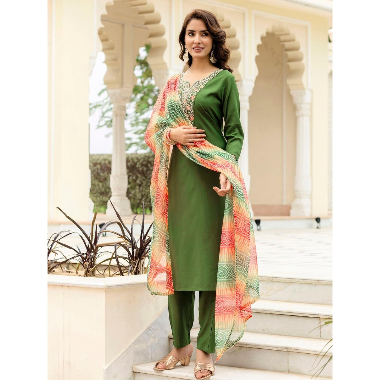Navlik Women's Rayon Embroidered Straight Kurta with Pant and Dupatta Sets (NK-705)