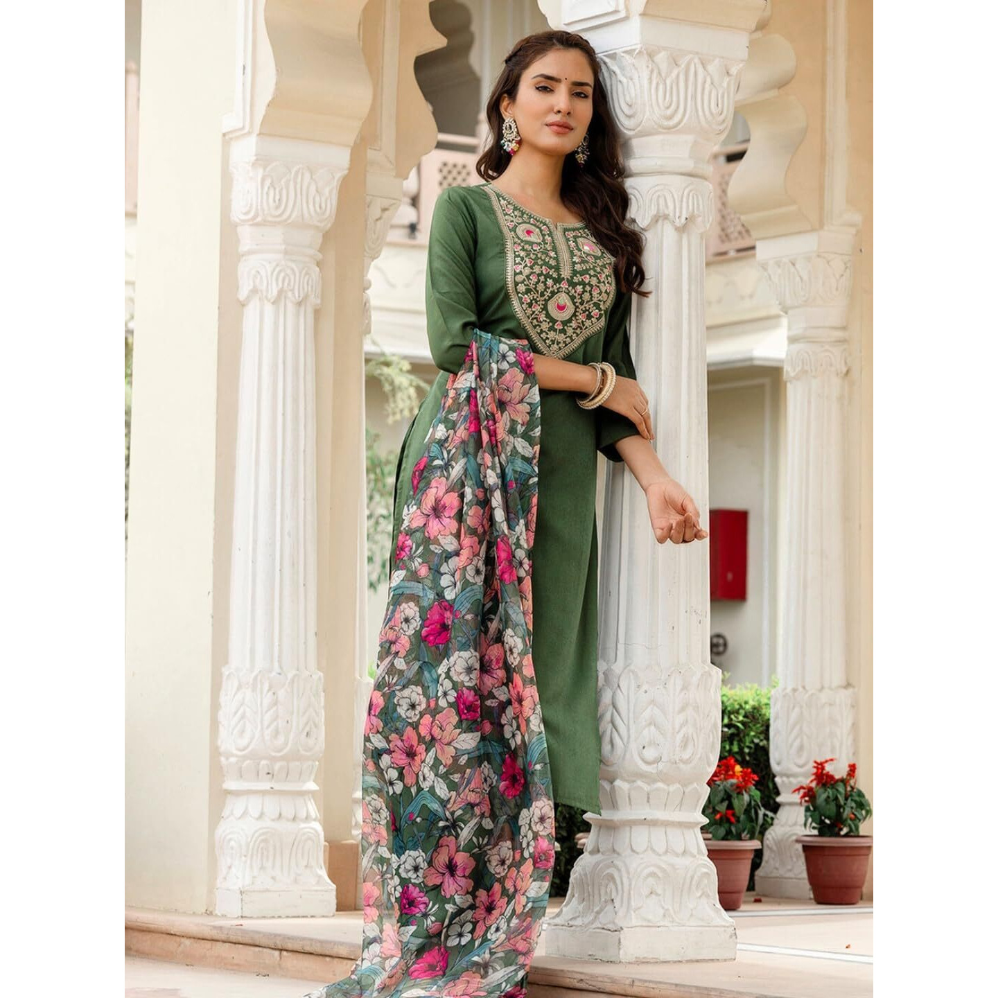 Navlik Women's Rayon Embroidered Straight Kurta with Pant And Dupatta Sets (NK-707)