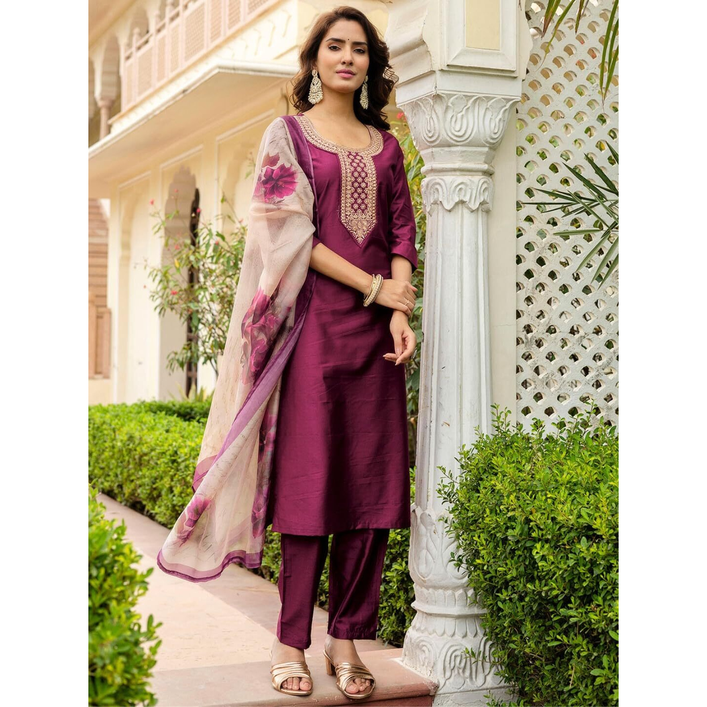 Navlik Women's Rayon Embroidered Straight Kurta with Pant and Dupatta Sets (NK-710)