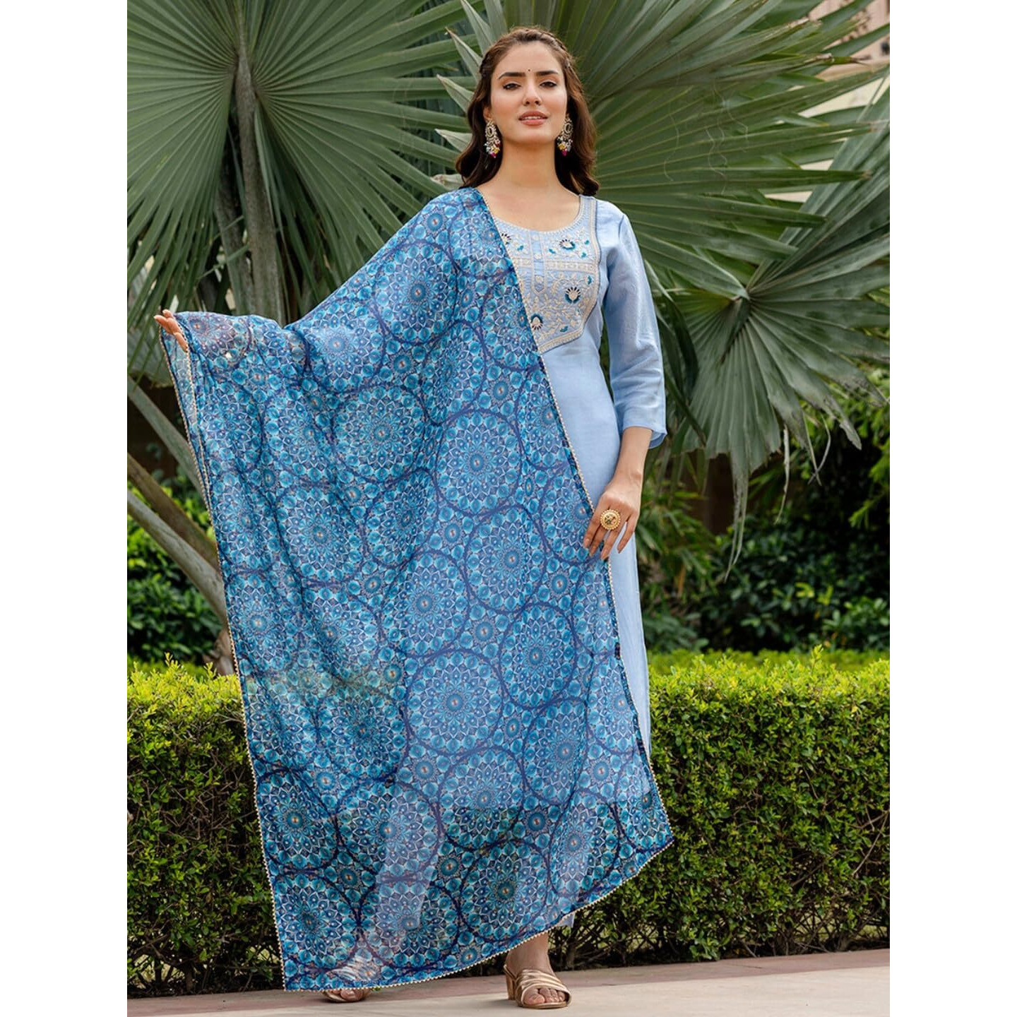 Navlik Women's Rayon Embroidered Straight Kurta with Pant and Dupatta Sets (NK-711)