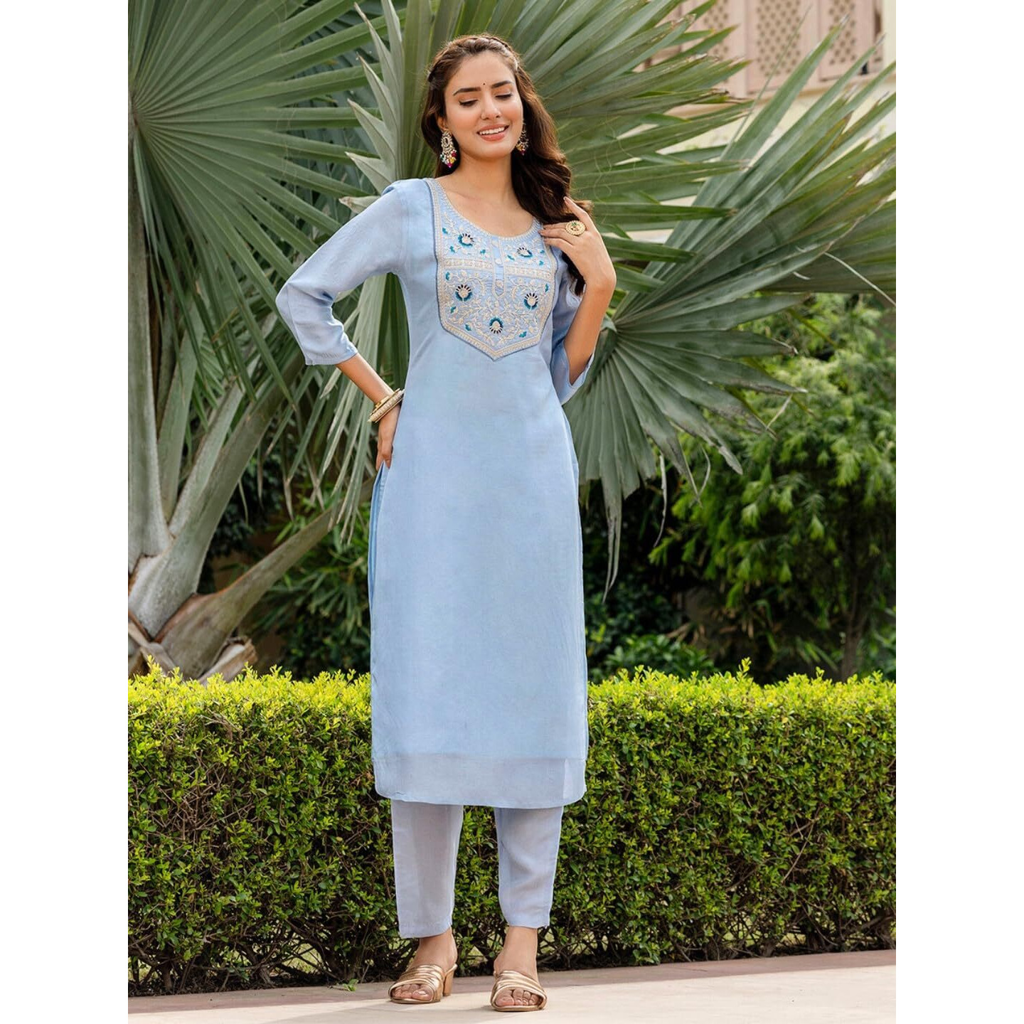 Navlik Women's Rayon Embroidered Straight Kurta with Pant and Dupatta Sets (NK-711)