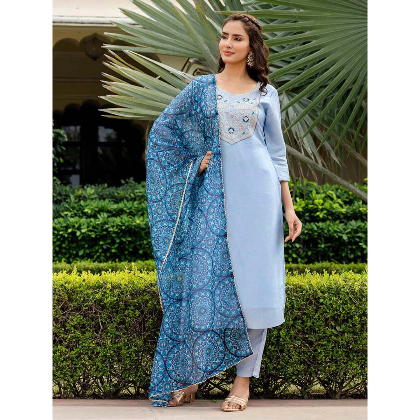Navlik Women's Rayon Embroidered Straight Kurta with Pant and Dupatta Sets (NK-711)