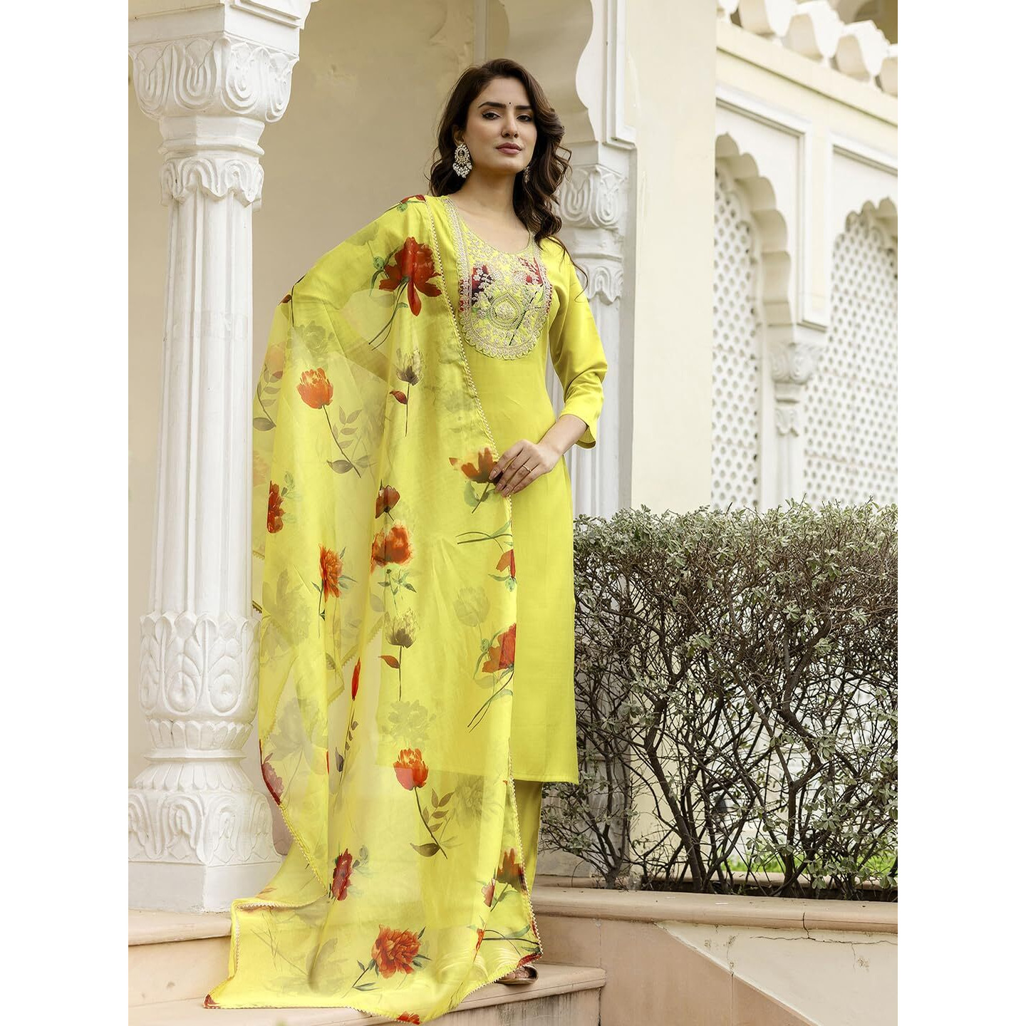 Navlik Women's Rayon Embroidered Straight Kurta with Pant and Dupatta Sets (NK-712)