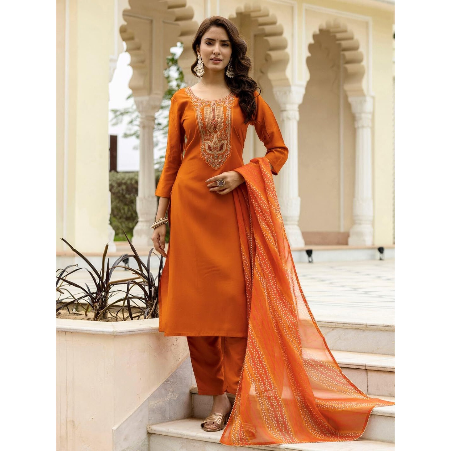 Navlik Women's Rayon Embroidered Straight Kurta with Pant and Dupatta Sets (NK-714)