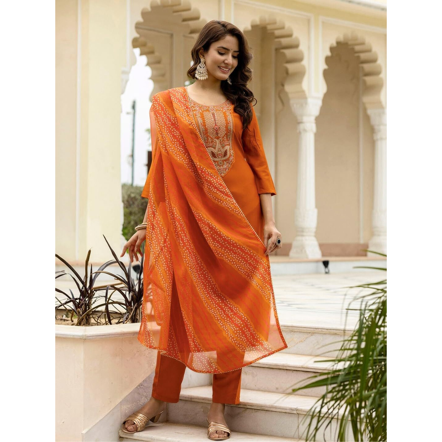 Navlik Women's Rayon Embroidered Straight Kurta with Pant and Dupatta Sets (NK-714)