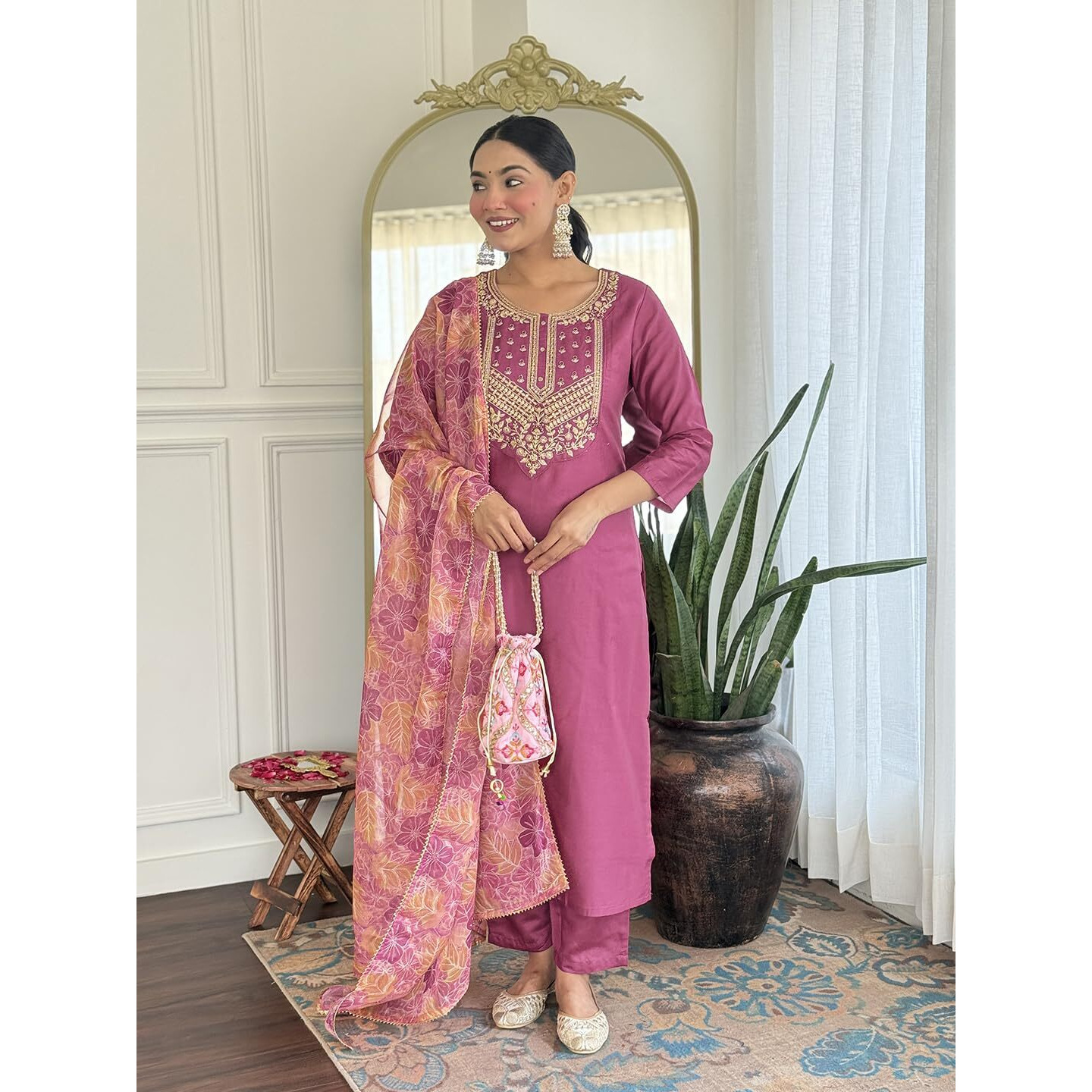 Navlik Women's Rayon Embroidered Straight Kurta with Pant And Dupatta Sets (NK-717)