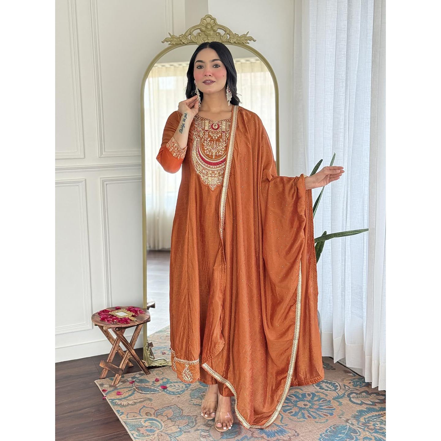 Navlik Women's Vichitra Silk Embroidery Flaired Kurta with Bottom with Dupatta Set (NK-720)