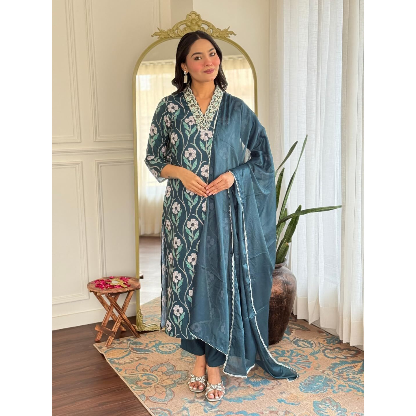 Navlik Women's Rayon Printed Straight Kurta with Pant and Dupatta Sets (NK-727)