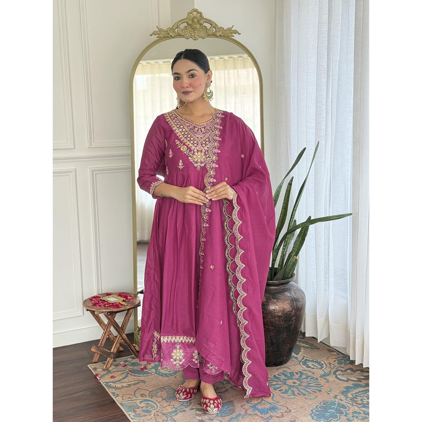 Navlik Women's Vichitra Silk Embroidered Flared Kurta with Pant and Dupatta Sets (NK-731)