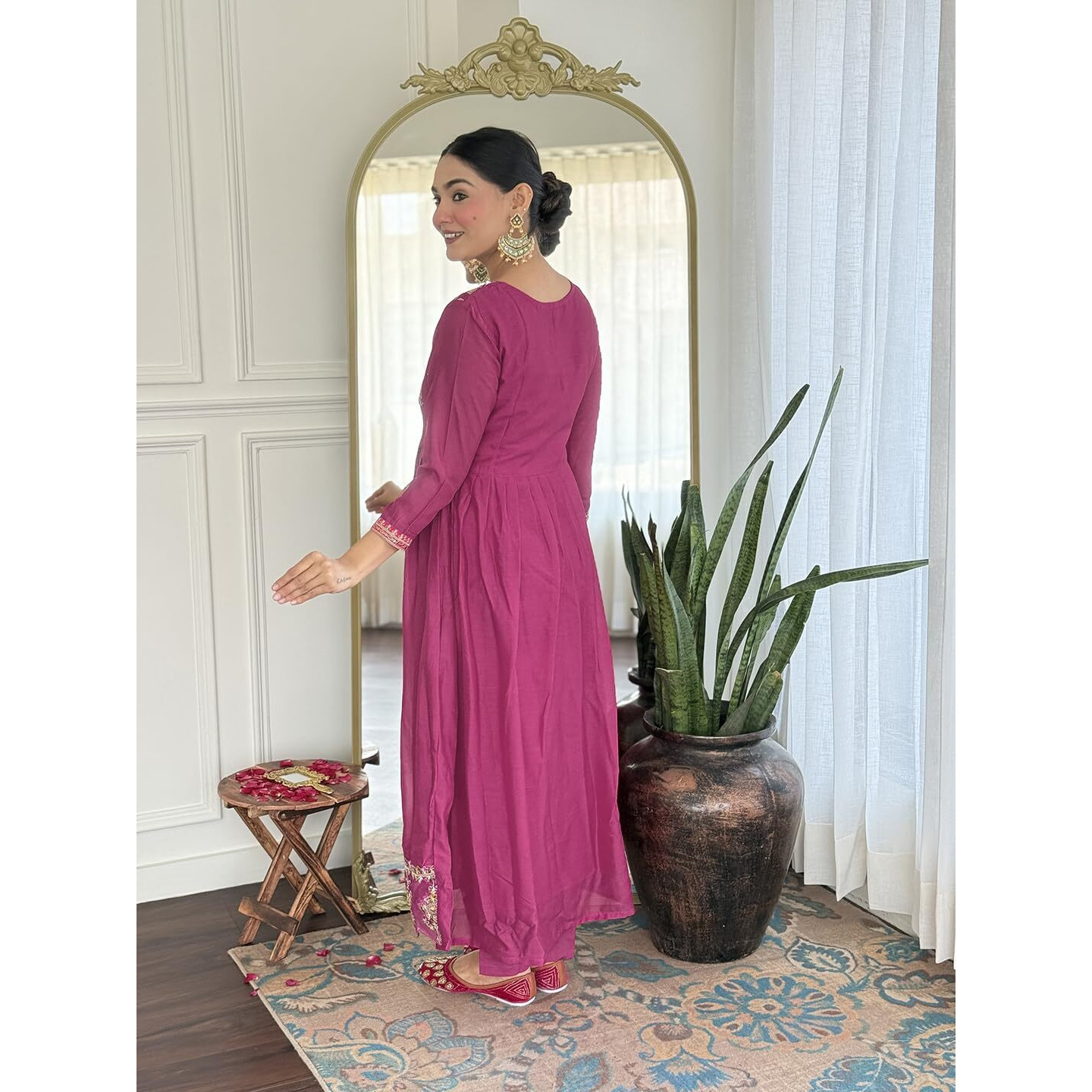 Navlik Women's Vichitra Silk Embroidered Flared Kurta with Pant and Dupatta Sets (NK-731)