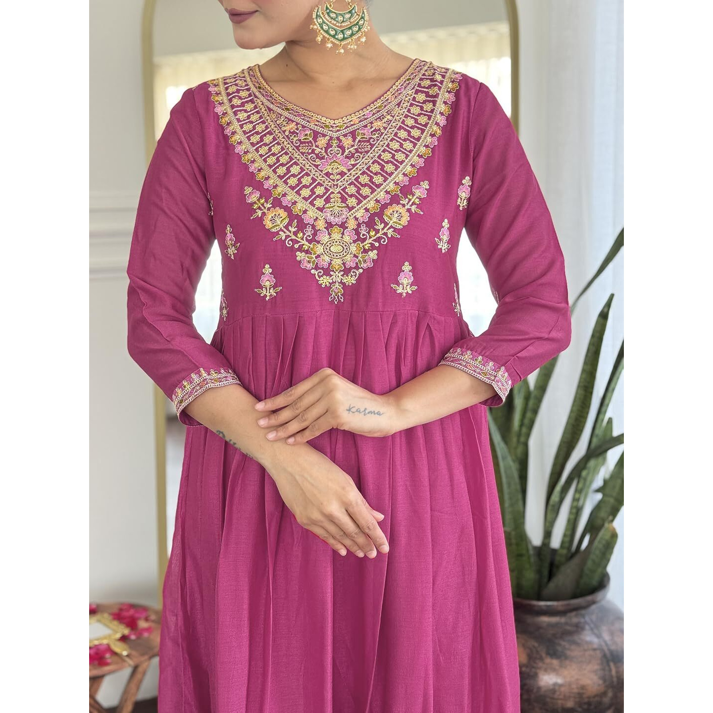 Navlik Women's Vichitra Silk Embroidered Flared Kurta with Pant and Dupatta Sets (NK-731)
