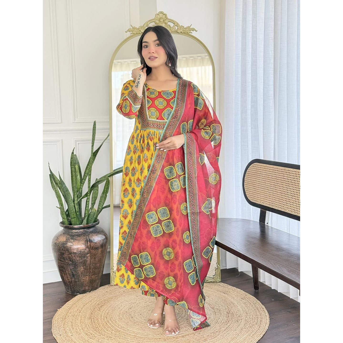 Navlik Women's Rayon Printed Flared Kurta with Pant and Dupatta Sets (NK-733)