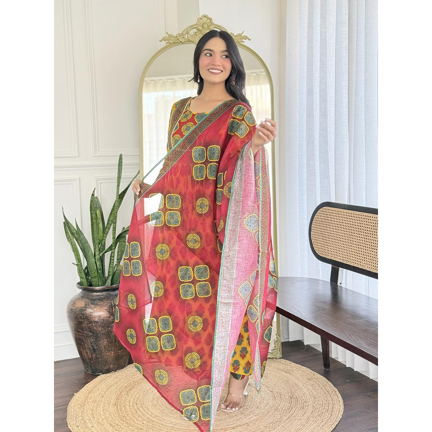 Navlik Women's Rayon Printed Flared Kurta with Pant and Dupatta Sets (NK-733)