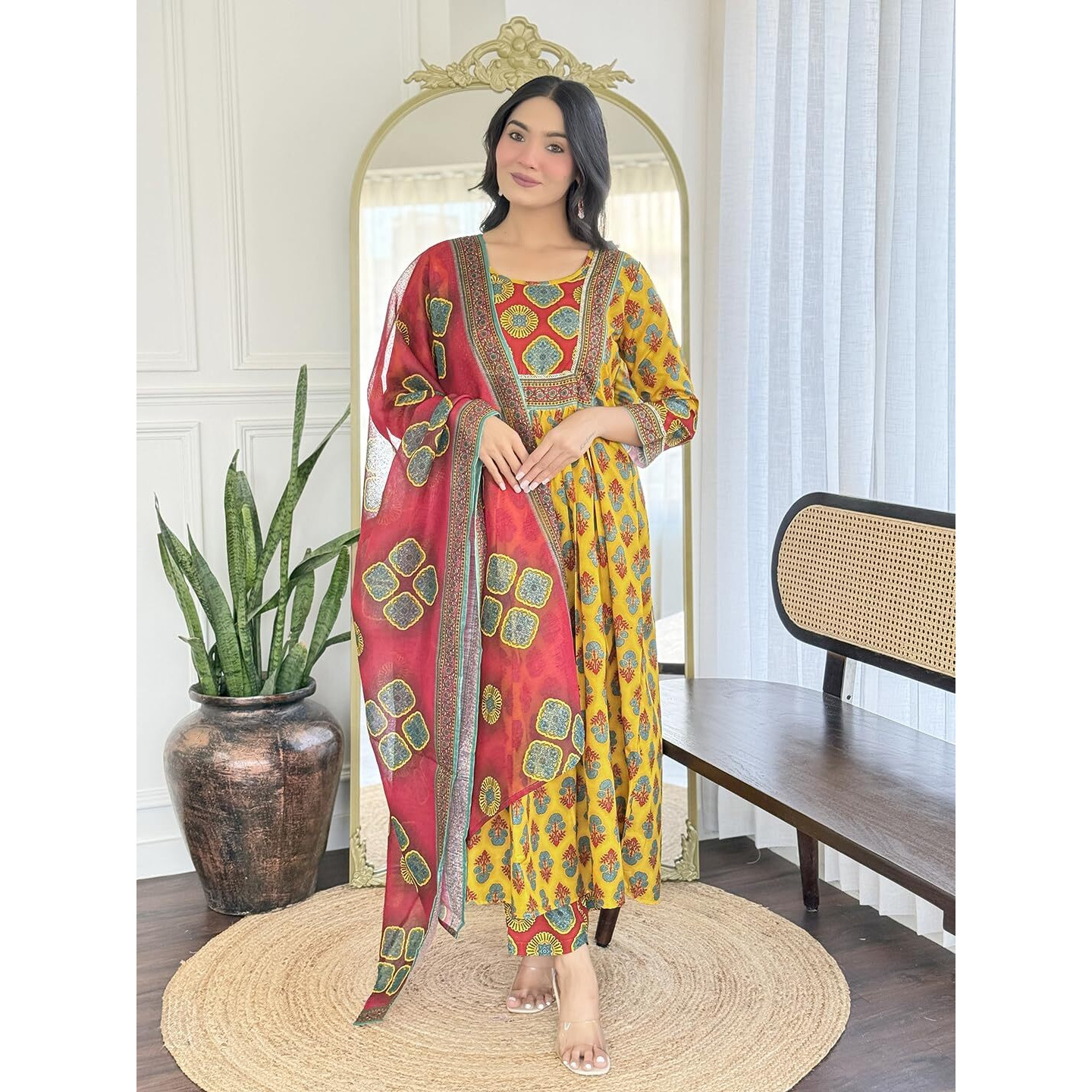 Navlik Women's Rayon Printed Flared Kurta with Pant and Dupatta Sets (NK-733)