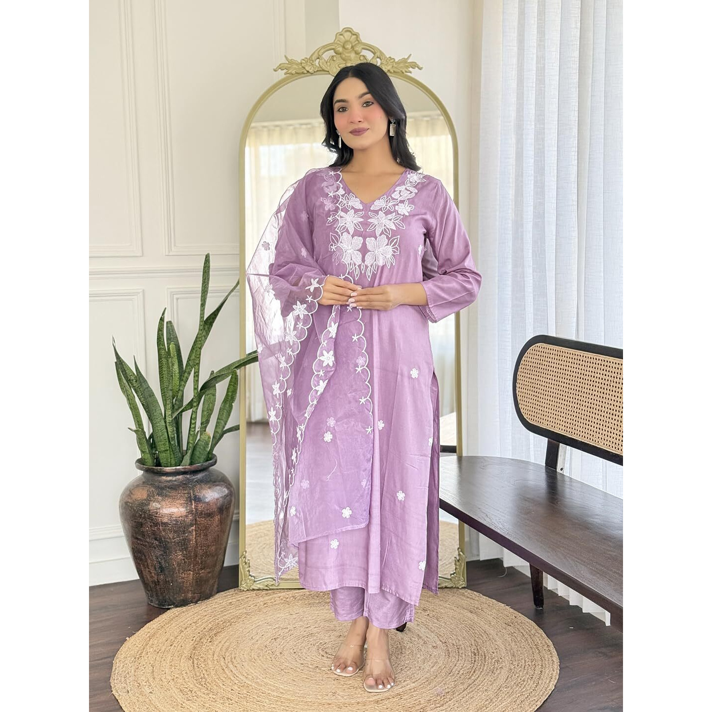 Navlik Women's Rayon Embroidered Straight Kurta with Pant and Dupatta Sets (NK-740)