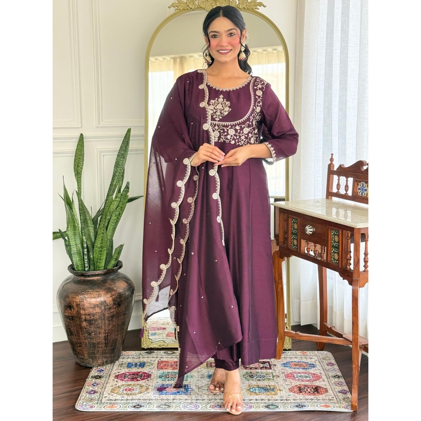 Navlik Women's Vichitra Silk Embroidered Flared Kurta with Pant and Dupatta Sets (NK-M-Ali)