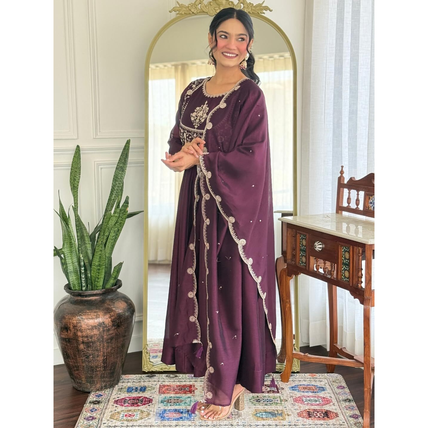 Navlik Women's Vichitra Silk Embroidered Flared Kurta with Pant and Dupatta Sets (NK-M-Ali)