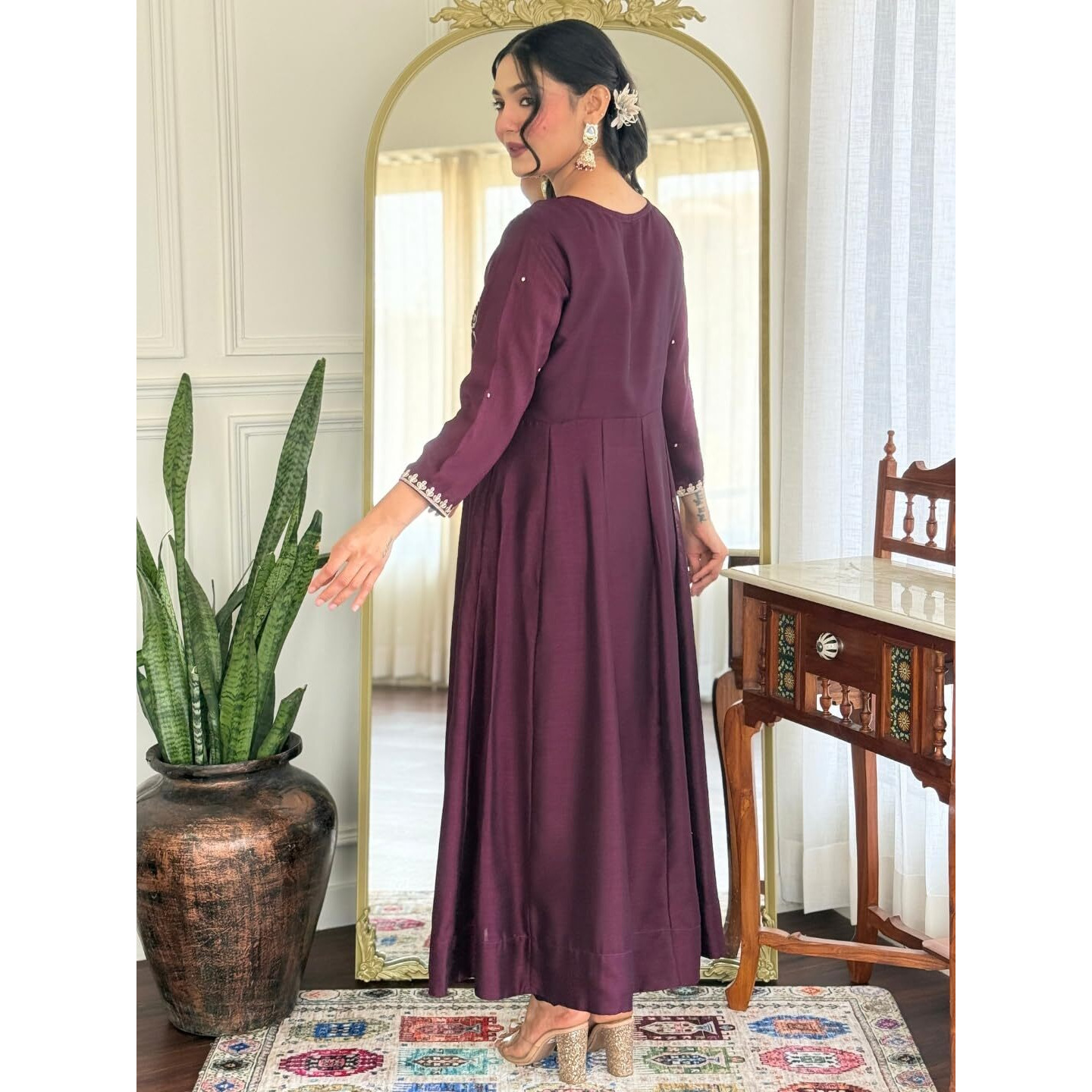 Navlik Women's Vichitra Silk Embroidered Flared Kurta with Pant and Dupatta Sets (NK-M-Ali)