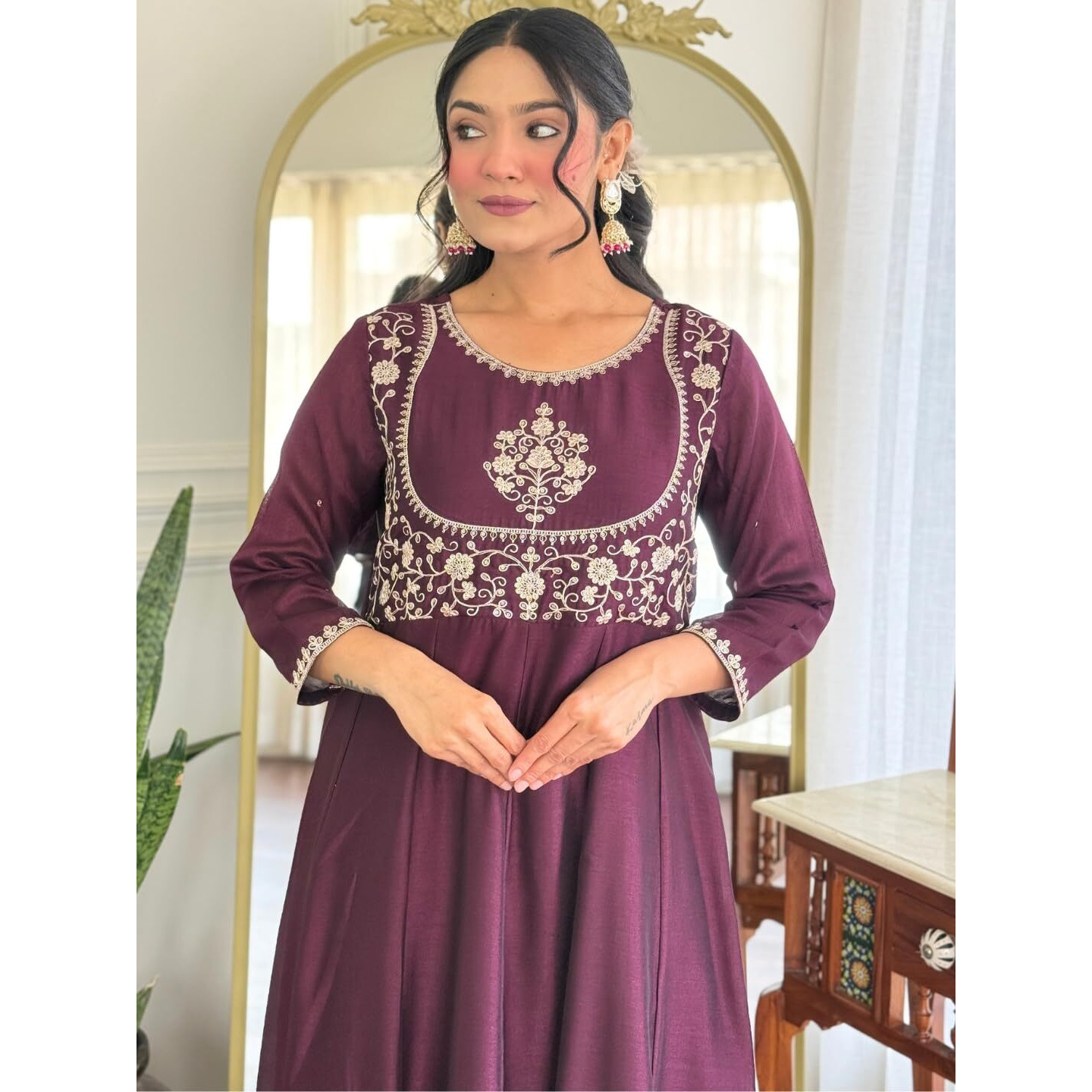 Navlik Women's Vichitra Silk Embroidered Flared Kurta with Pant and Dupatta Sets (NK-M-Ali)