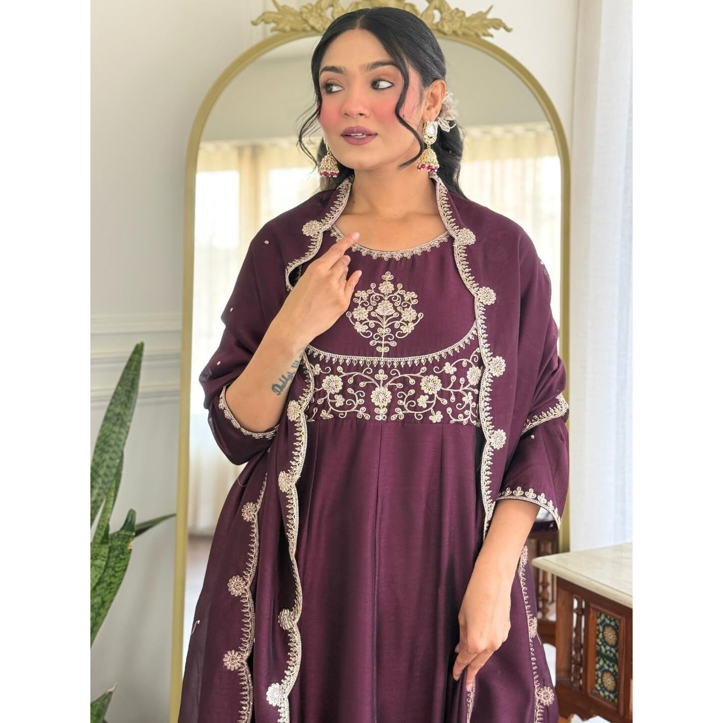 Navlik Women's Vichitra Silk Embroidered Flared Kurta with Pant and Dupatta Sets (NK-M-Ali)