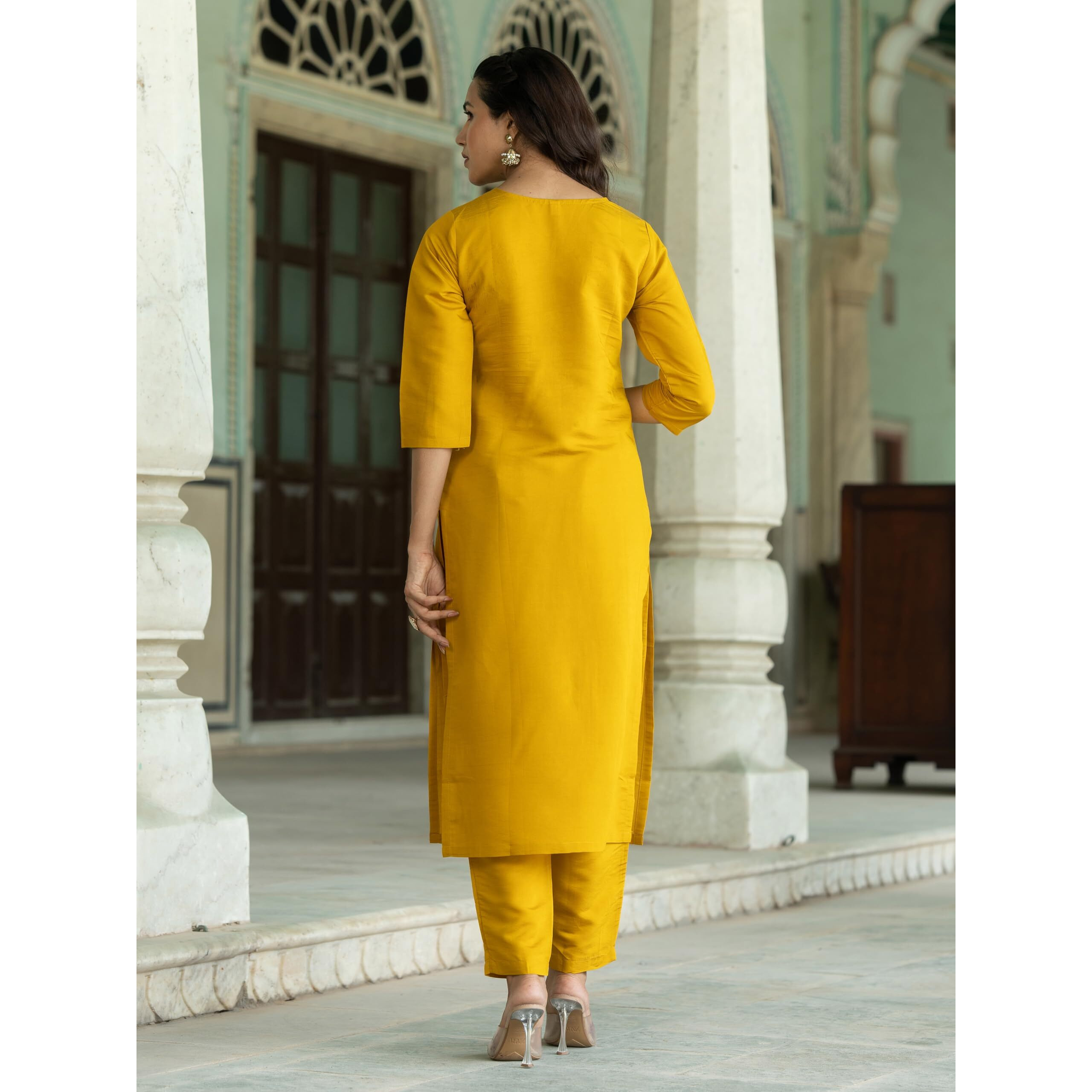 Navlik Women's Mustard Chanderi Embroidered Flared Kurta with Chanderi Pant and Organza Embroidered Dupatta Sets (NK-M-Anushree)