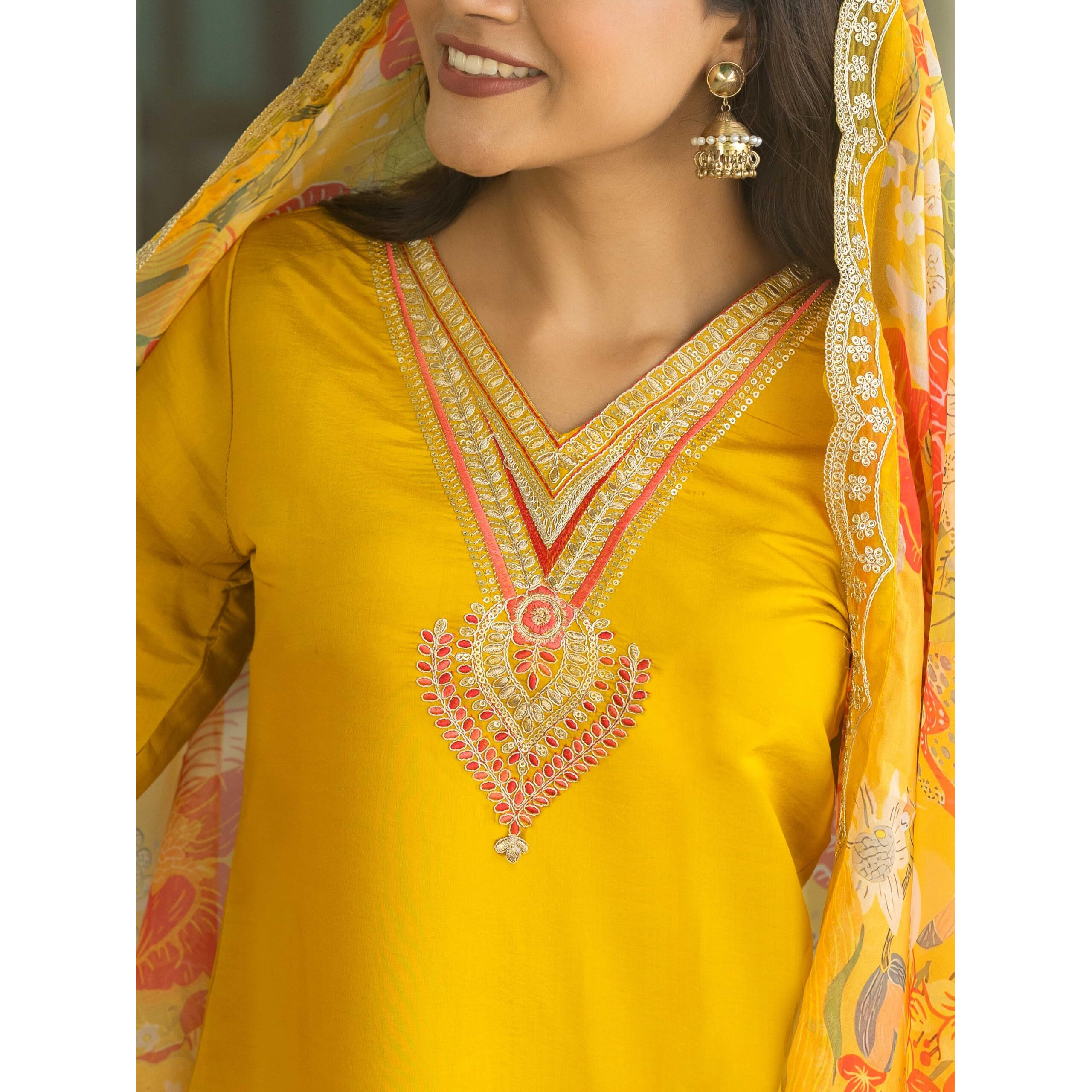 Navlik Women's Mustard Chanderi Embroidered Flared Kurta with Chanderi Pant and Organza Embroidered Dupatta Sets (NK-M-Anushree)
