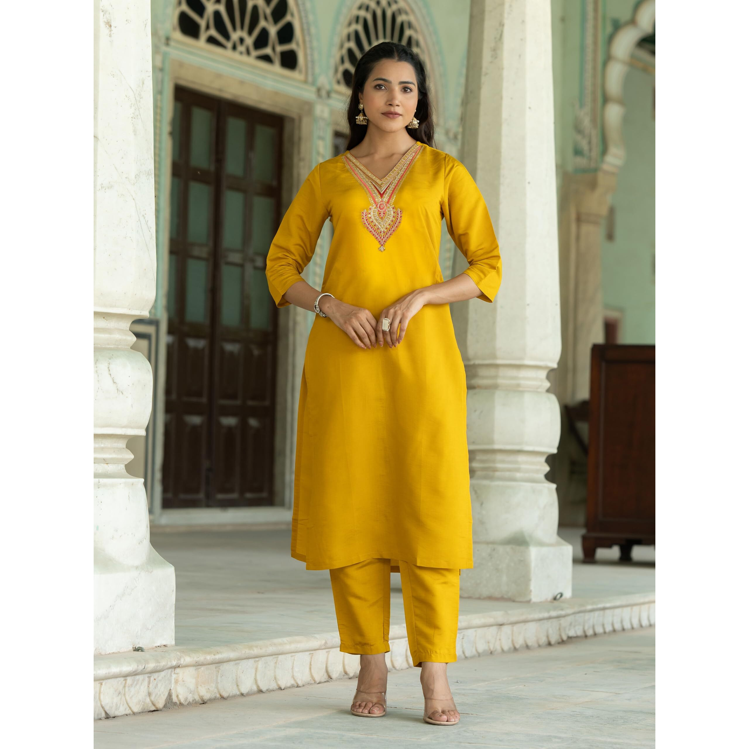 Navlik Women's Mustard Chanderi Embroidered Flared Kurta with Chanderi Pant and Organza Embroidered Dupatta Sets (NK-M-Anushree)