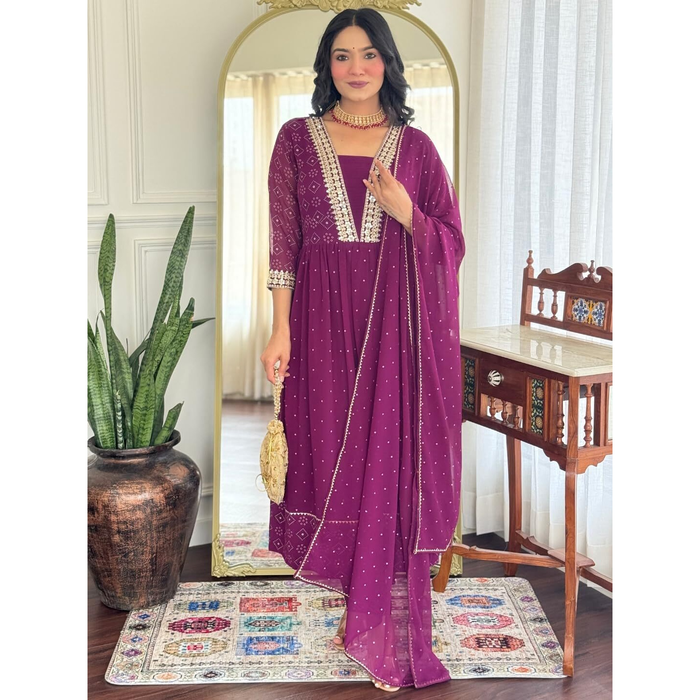 Navlik Women's Georgette Embroidered Flared Kurta with Pant and Dupatta Sets (NK-M-Ariya-Wine)