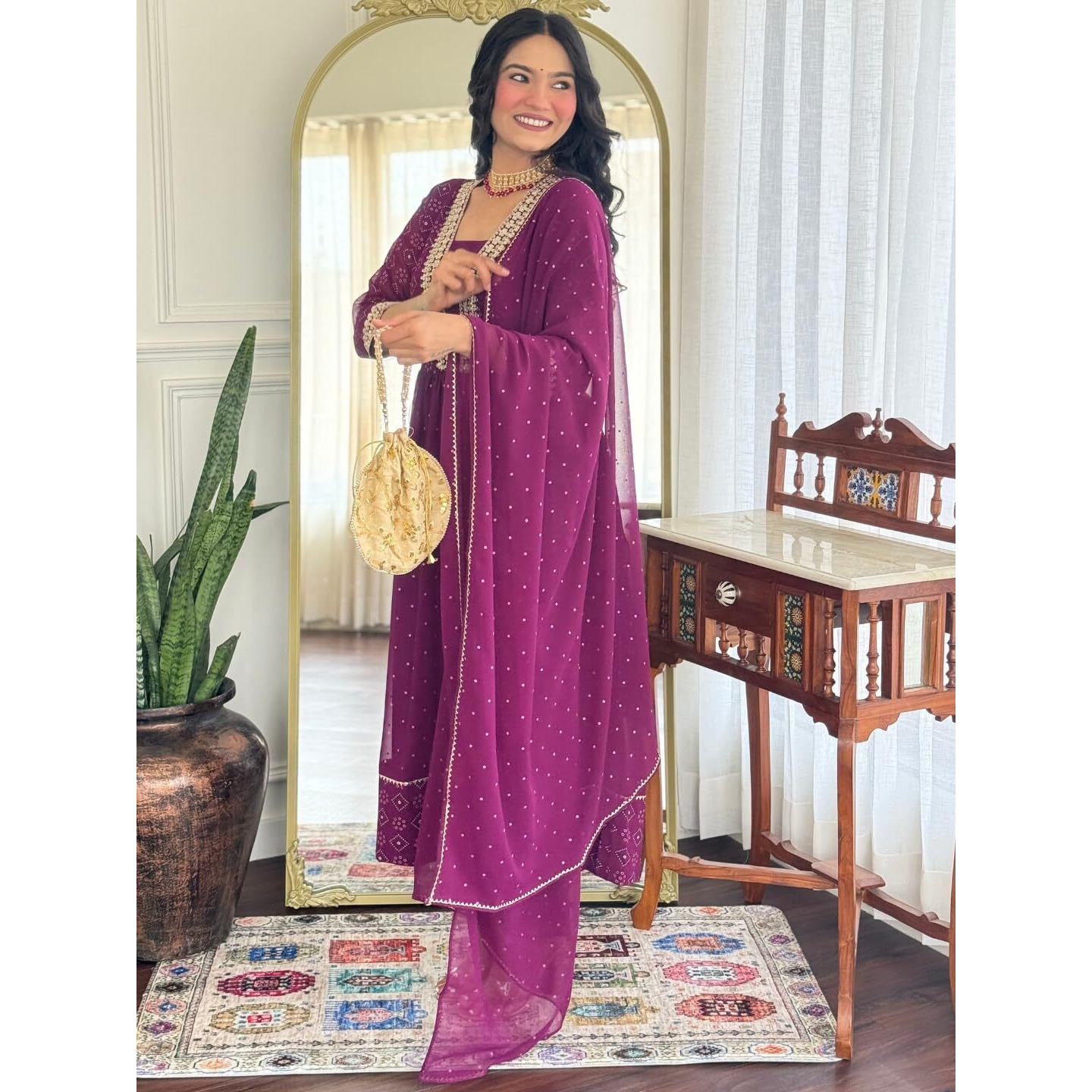 Navlik Women's Georgette Embroidered Flared Kurta with Pant and Dupatta Sets (NK-M-Ariya-Wine)