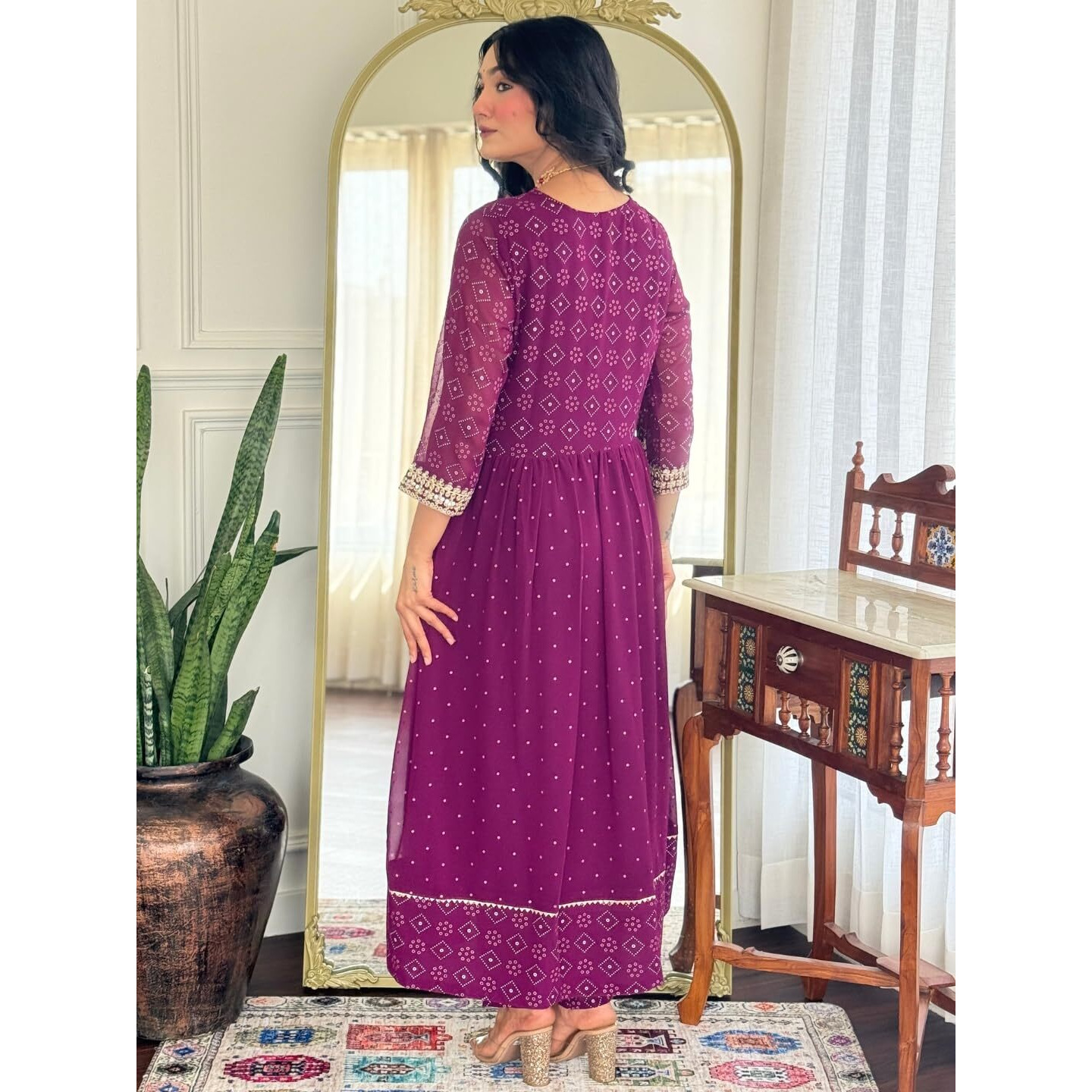 Navlik Women's Georgette Embroidered Flared Kurta with Pant and Dupatta Sets (NK-M-Ariya-Wine)