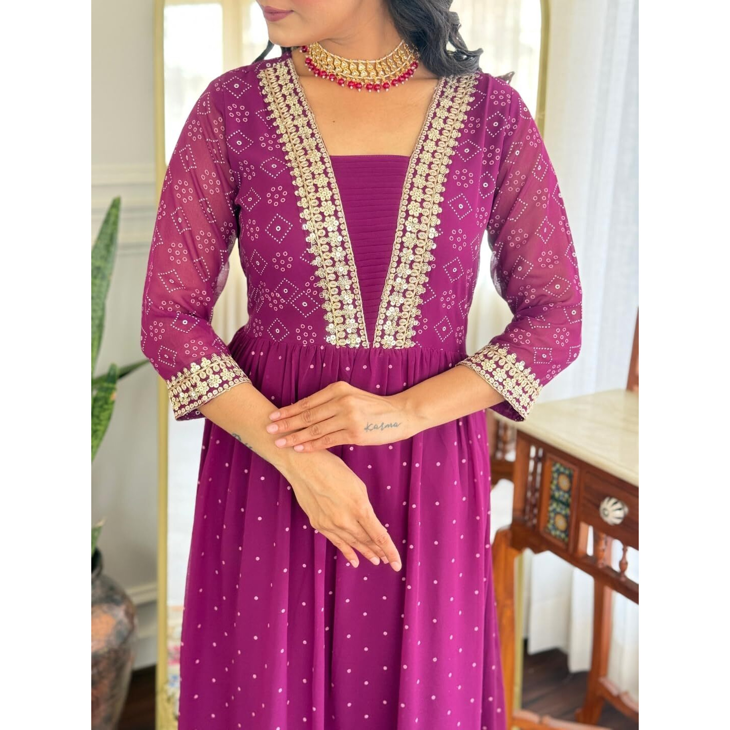 Navlik Women's Georgette Embroidered Flared Kurta with Pant and Dupatta Sets (NK-M-Ariya-Wine)