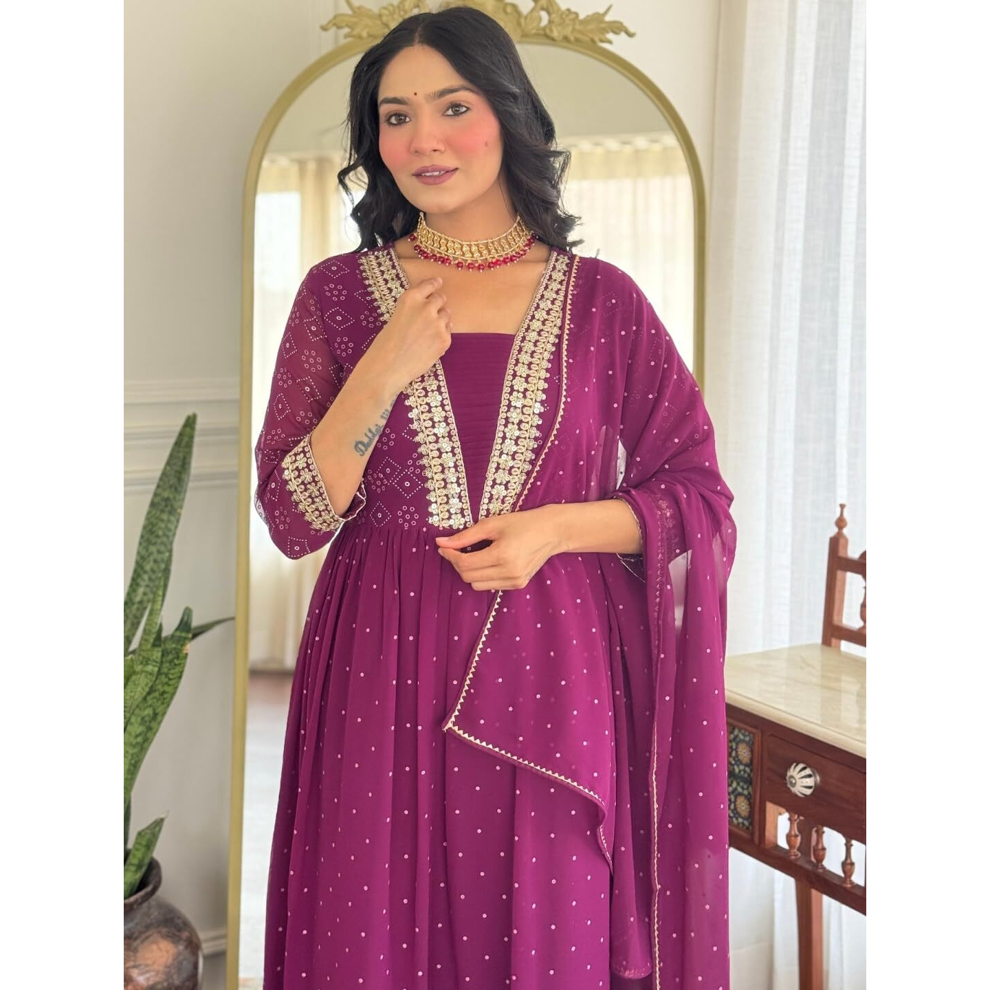 Navlik Women's Georgette Embroidered Flared Kurta with Pant and Dupatta Sets (NK-M-Ariya-Wine)