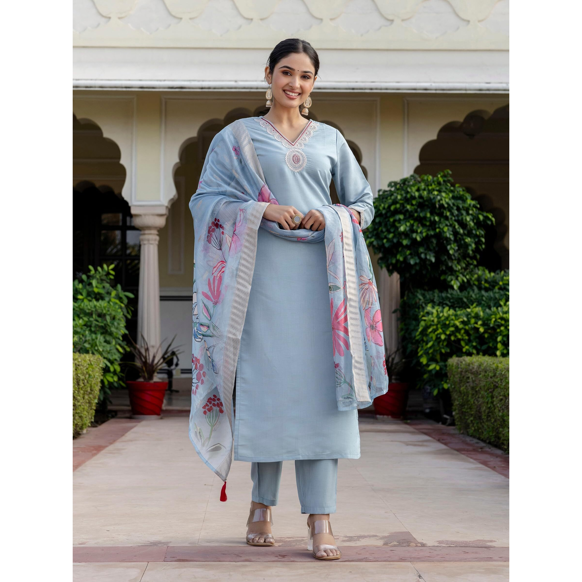 Navlik Women's Roman Silk Embroidered Straight Kurta with Pant and Dupatta Sets (M-Arya)