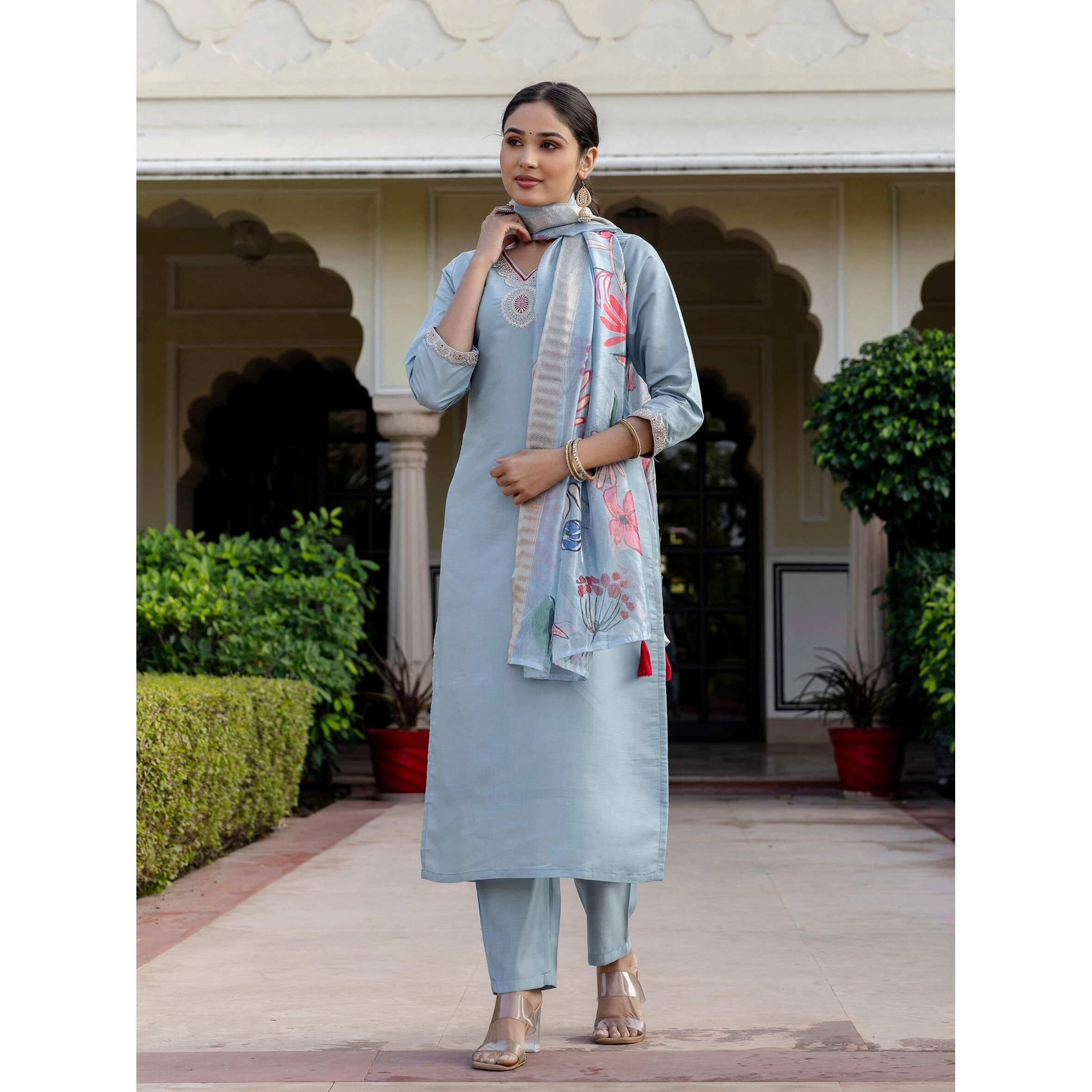 Navlik Women's Roman Silk Embroidered Straight Kurta with Pant and Dupatta Sets (M-Arya)