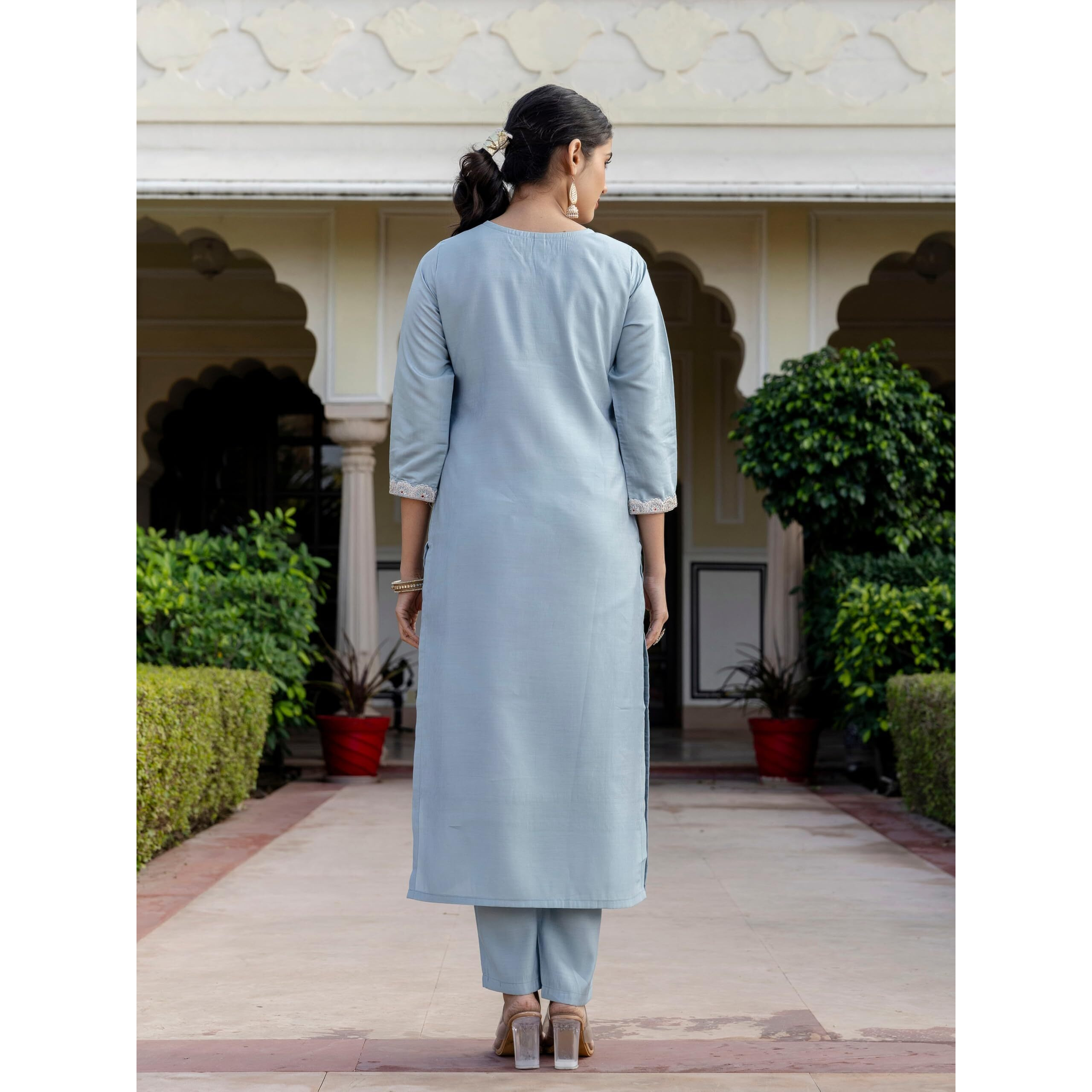 Navlik Women's Roman Silk Embroidered Straight Kurta with Pant and Dupatta Sets (M-Arya)