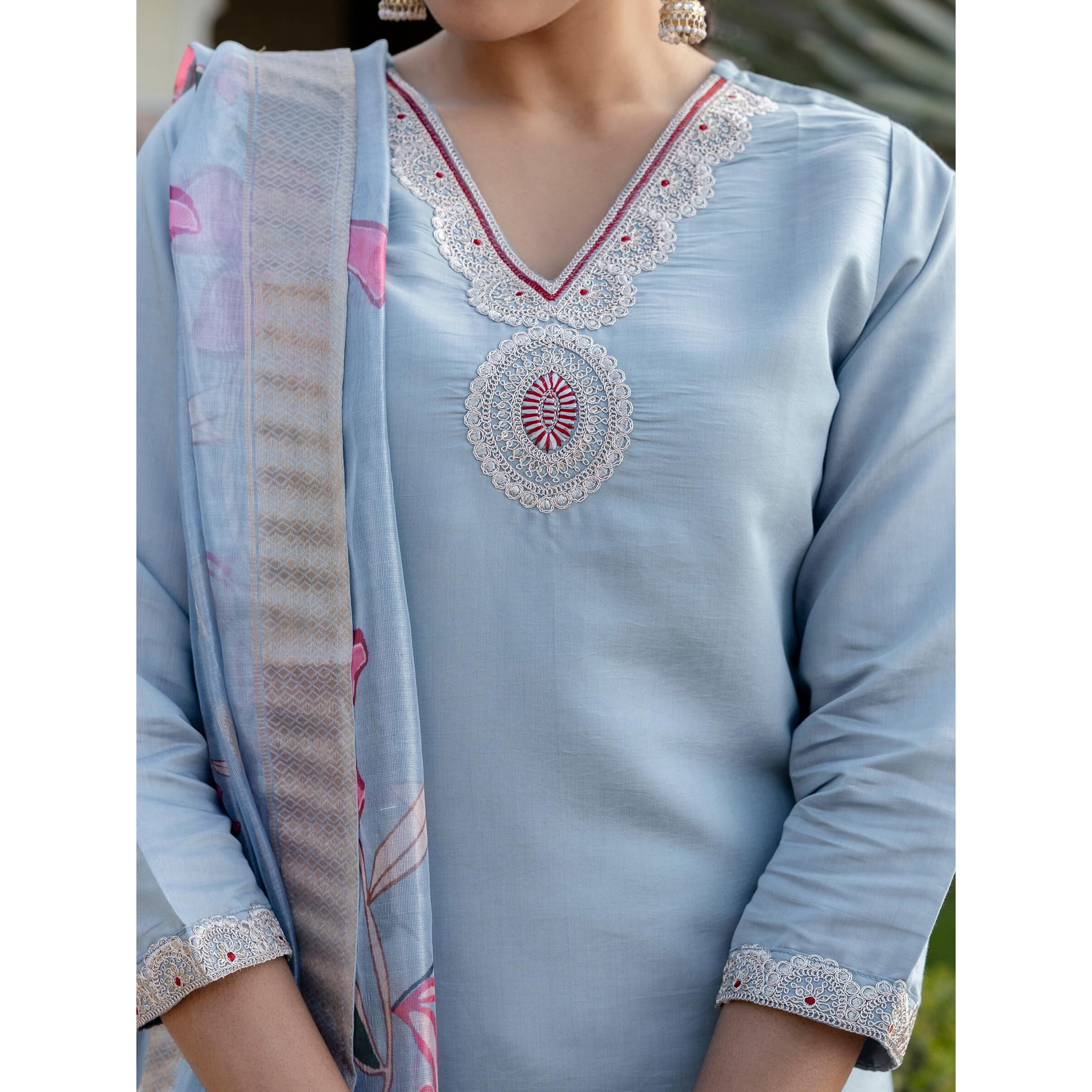 Navlik Women's Roman Silk Embroidered Straight Kurta with Pant and Dupatta Sets (M-Arya)