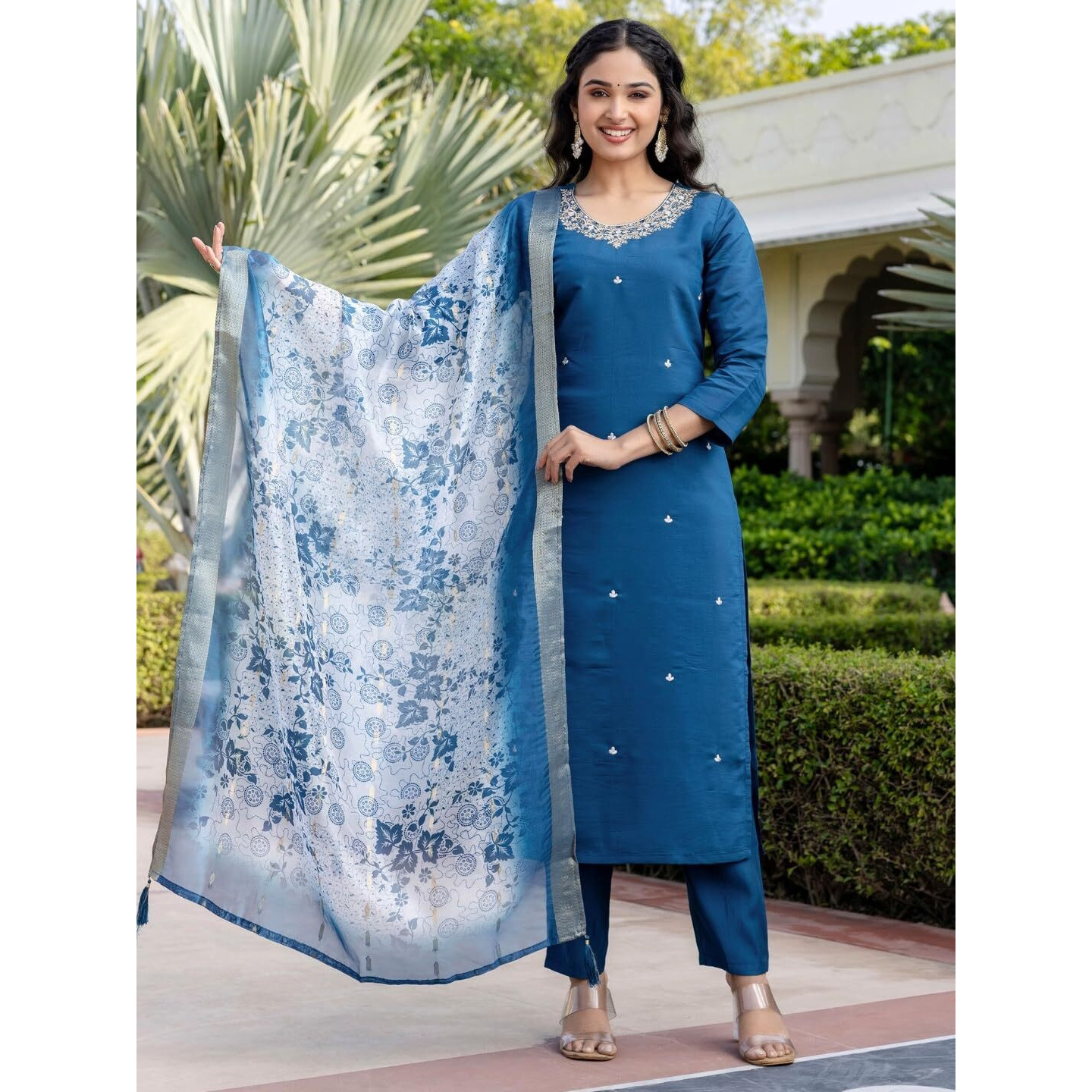 Navlik Women's Roman Silk Embroidered Straight Kurta with Pant and Dupatta Sets (M-Gopi)