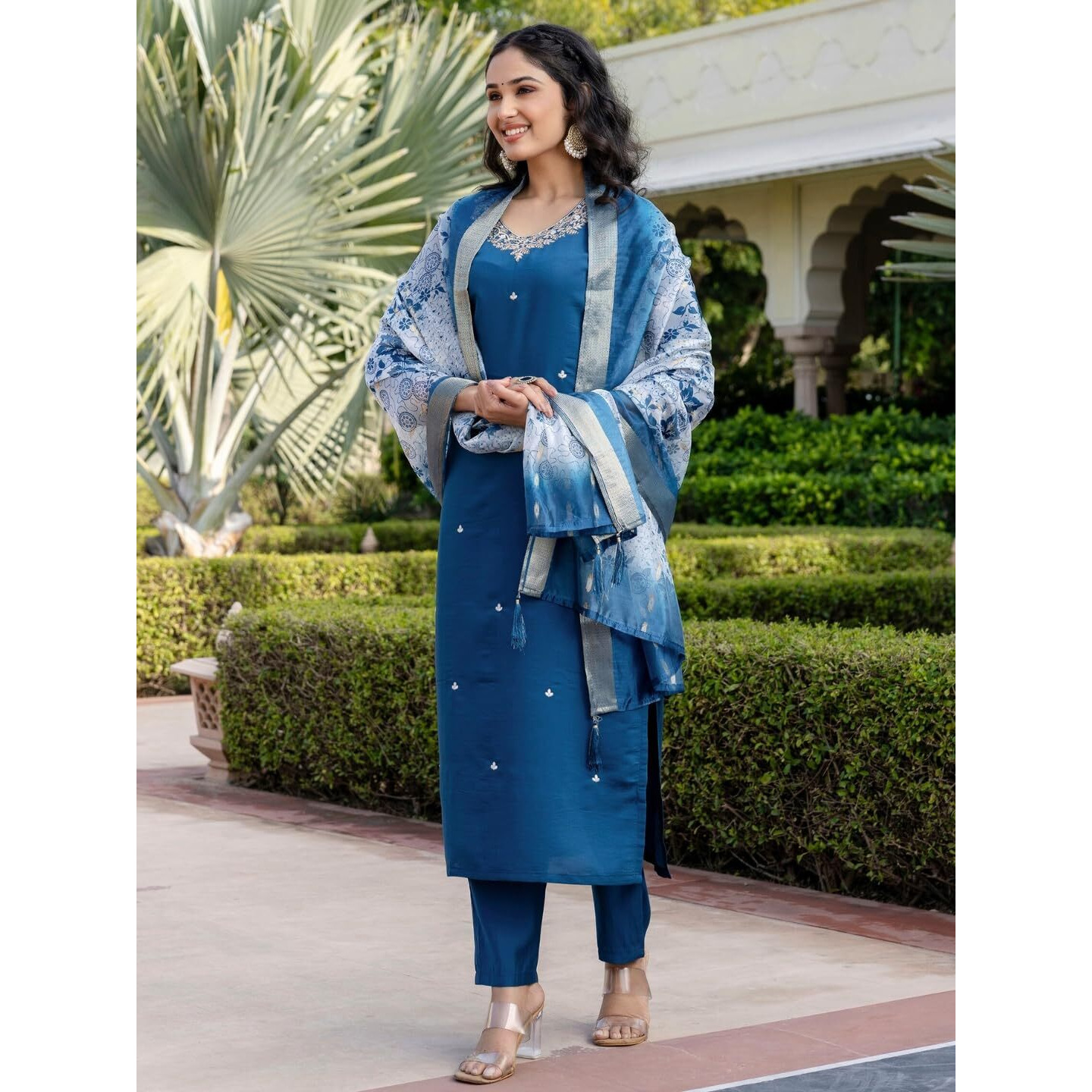 Navlik Women's Roman Silk Embroidered Straight Kurta with Pant and Dupatta Sets (M-Gopi)