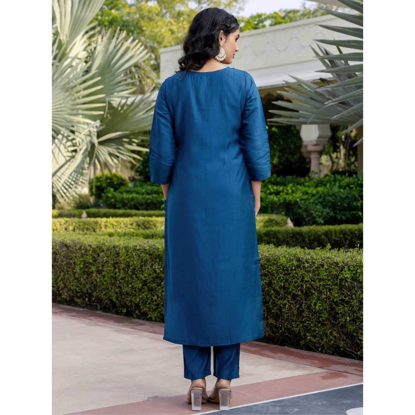 Navlik Women's Roman Silk Embroidered Straight Kurta with Pant and Dupatta Sets (M-Gopi)