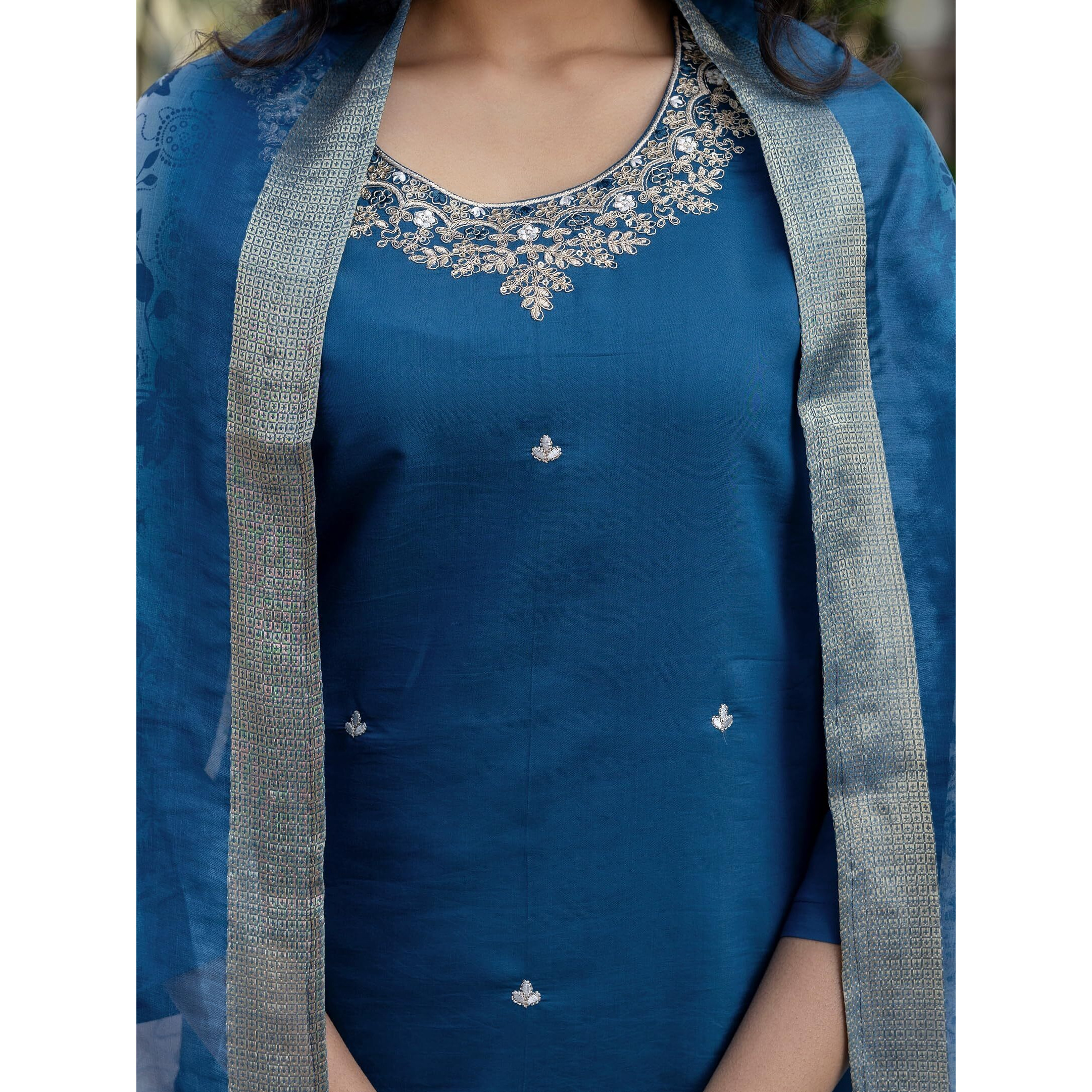 Navlik Women's Roman Silk Embroidered Straight Kurta with Pant and Dupatta Sets (M-Gopi)