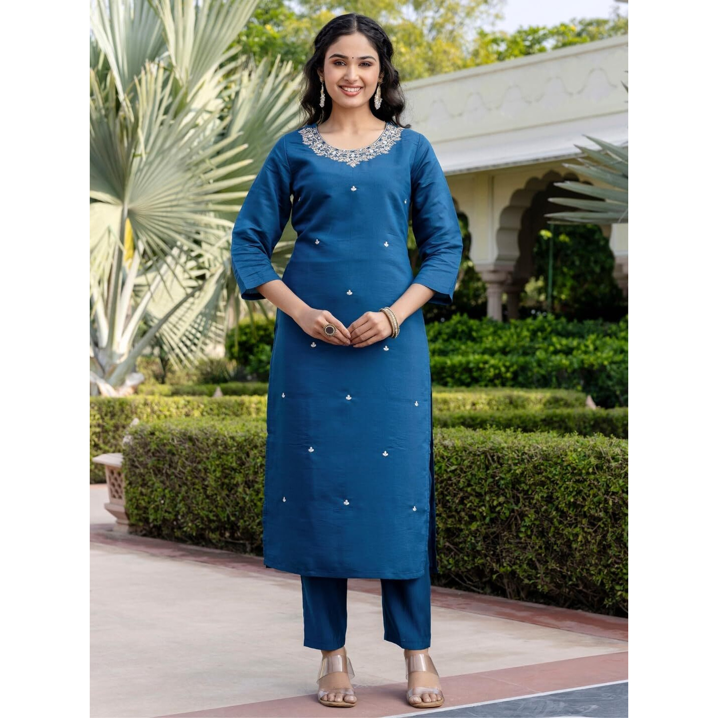 Navlik Women's Roman Silk Embroidered Straight Kurta with Pant and Dupatta Sets (M-Gopi)