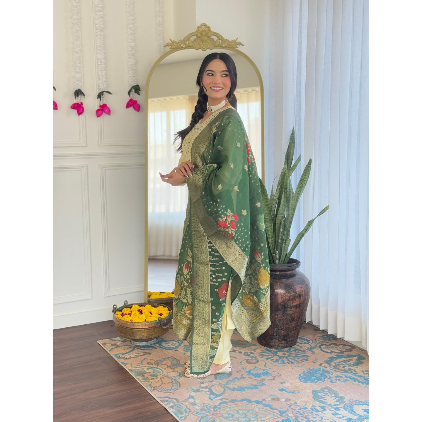 Navlik Women's Chanderi Viscose Embroidered Straight Kurta with Pant and Dupatta Sets (M-Kervi)