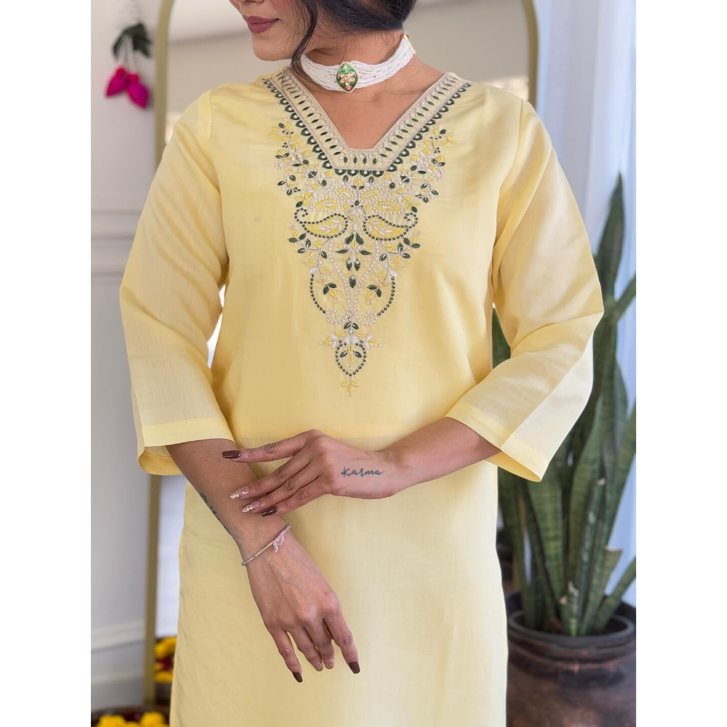 Navlik Women's Chanderi Viscose Embroidered Straight Kurta with Pant and Dupatta Sets (M-Kervi)