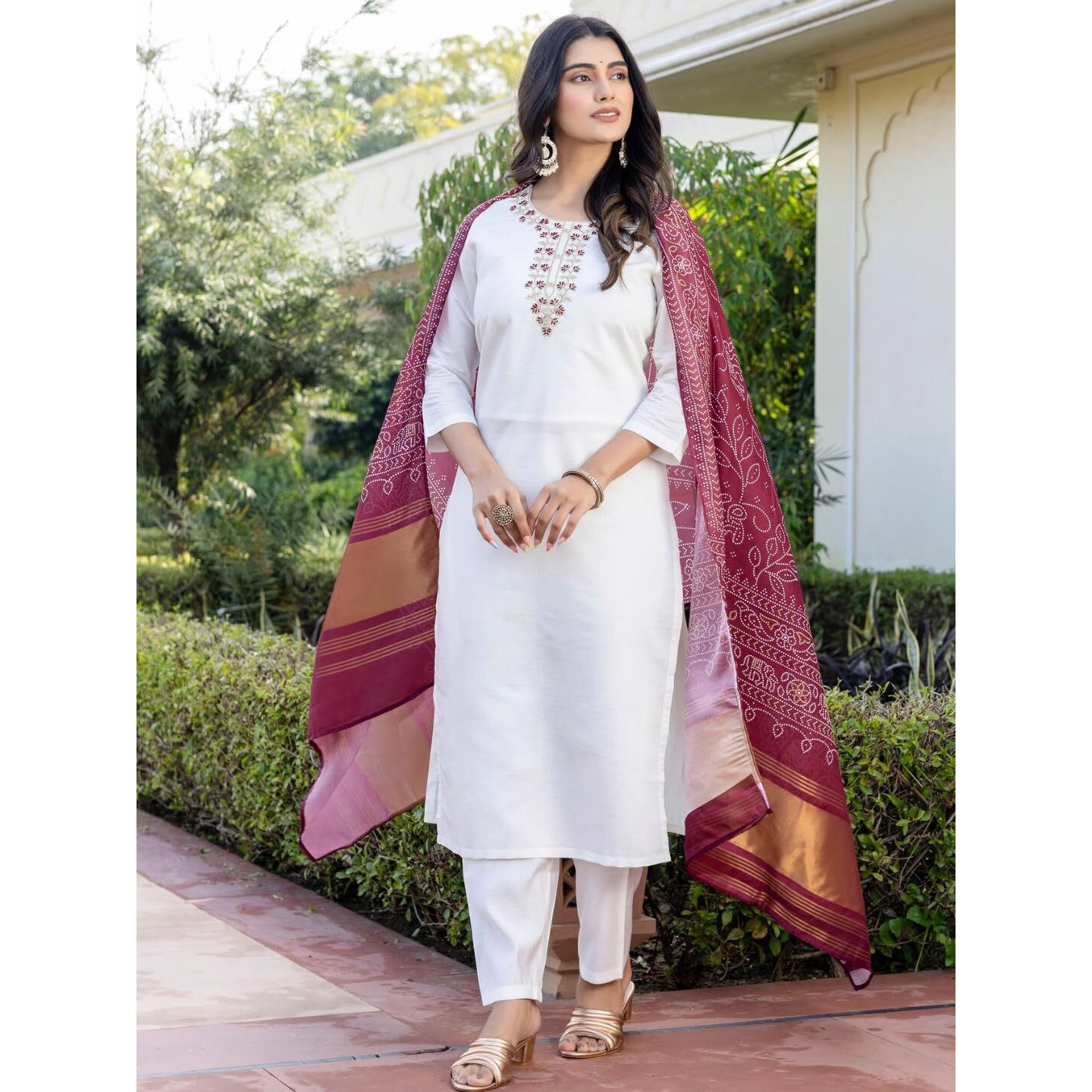 Navlik Women's Roman Silk Embroidered Straight Kurta with Pant and Dupatta Sets (M-Manvi)